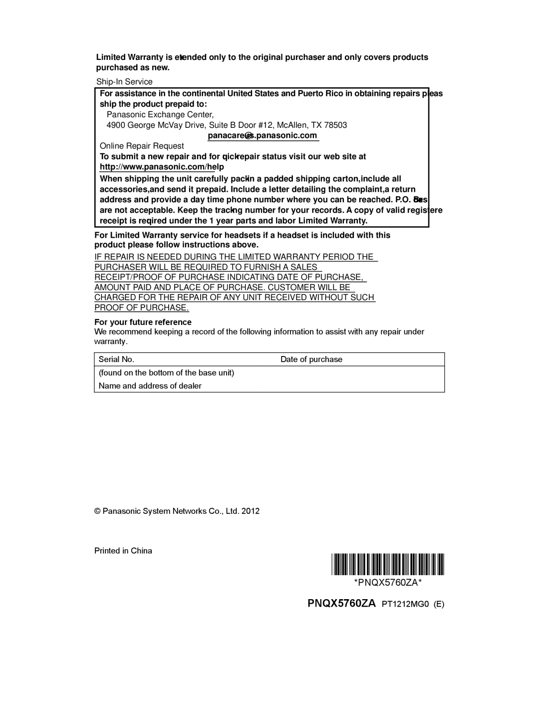 Panasonic KX-TG6873B, KXTG6842B Read troubleshooting page in the Operating Instructions, For your future reference 