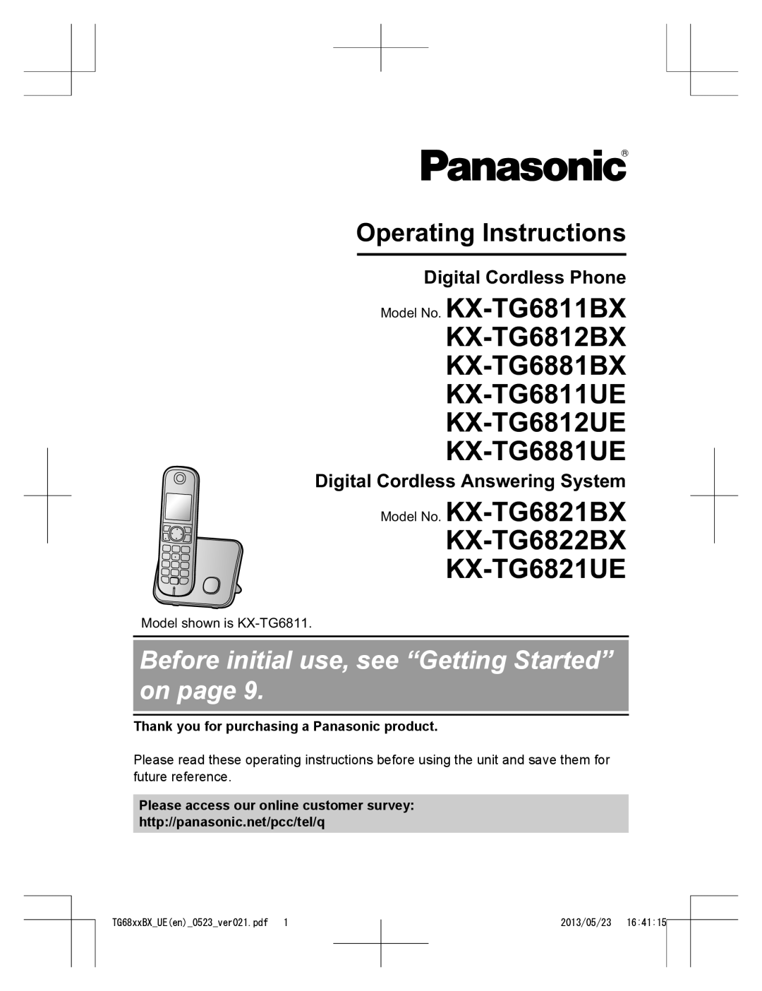 Panasonic KX-TG6881BX, KX-TG6881UE operating instructions Digital Cordless Phone, Digital Cordless Answering System 