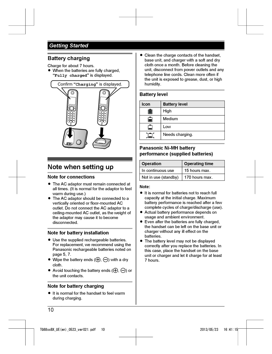 Panasonic KX-TG6811BX, KX-TG6881UE, KX-TG6881BX Battery charging, Icon Battery level, Operation Operating time 