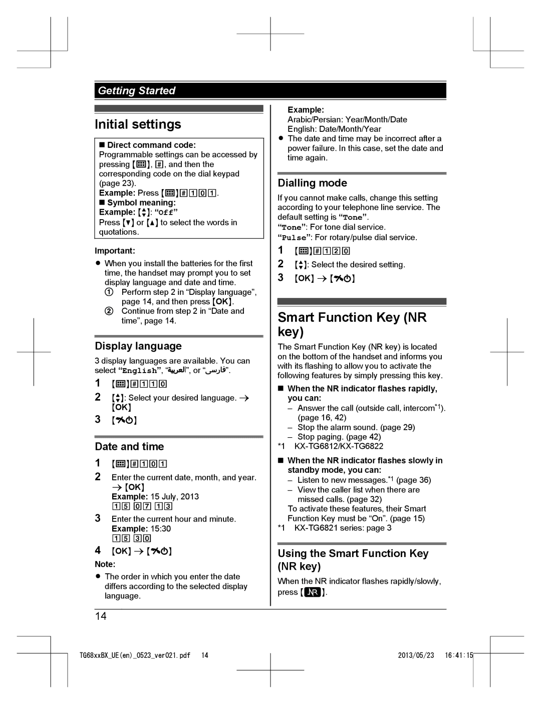 Panasonic KX-TG6821UE, KX-TG6881UE, KX-TG6881BX, KX-TG6811BX, KX-TG6822BX Initial settings, Smart Function Key NR key 