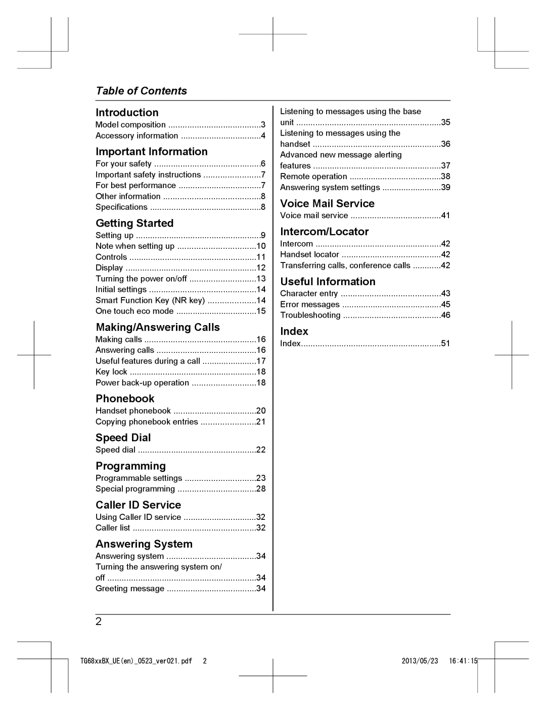 Panasonic KX-TG6811BX, KX-TG6881UE, KX-TG6881BX, KX-TG6822BX, KX-TG6812UE, KX-TG6811UE, KX-TG6821UE Table of Contents 