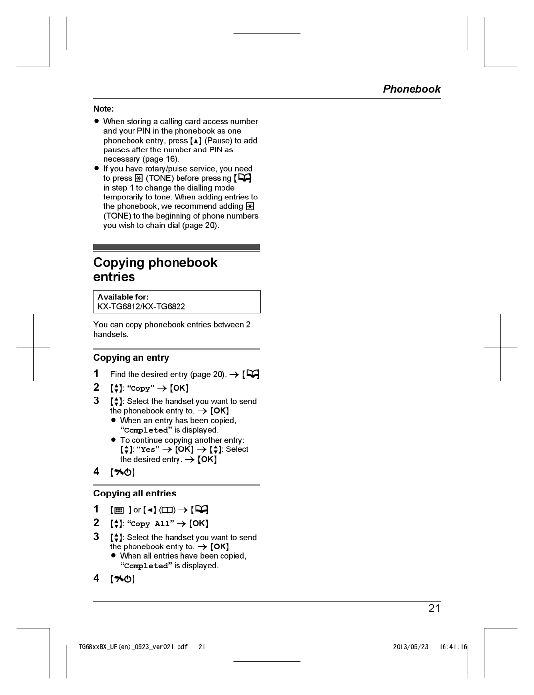 Panasonic KX-TG6811UE, KX-TG6881UE, KX-TG6881BX Copying phonebook entries, Copying an entry, Copying all entries 