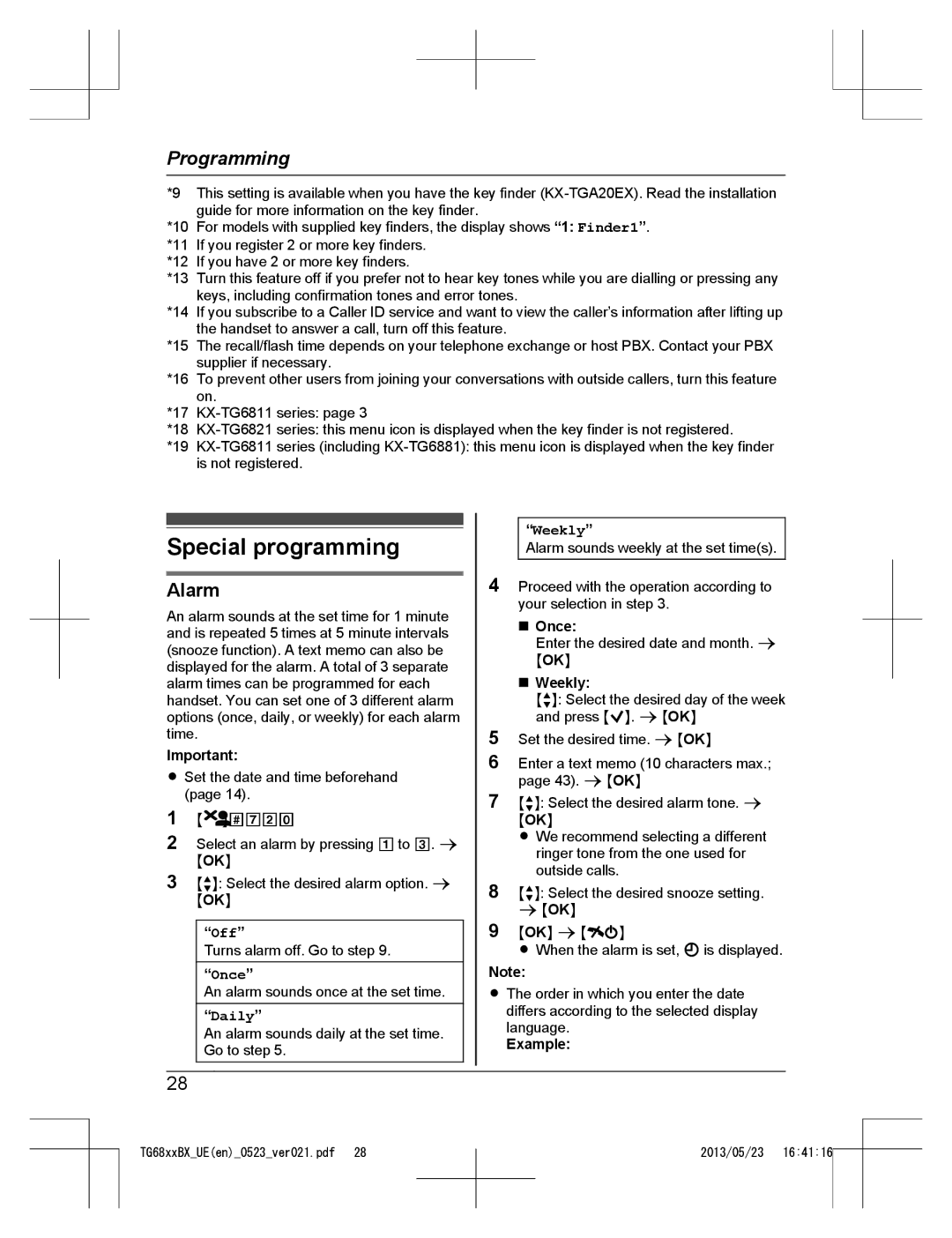 Panasonic KX-TG6812UE, KX-TG6881UE, KX-TG6881BX, KX-TG6811BX, KX-TG6822BX, KX-TG6811UE Special programming, Alarm, Off 