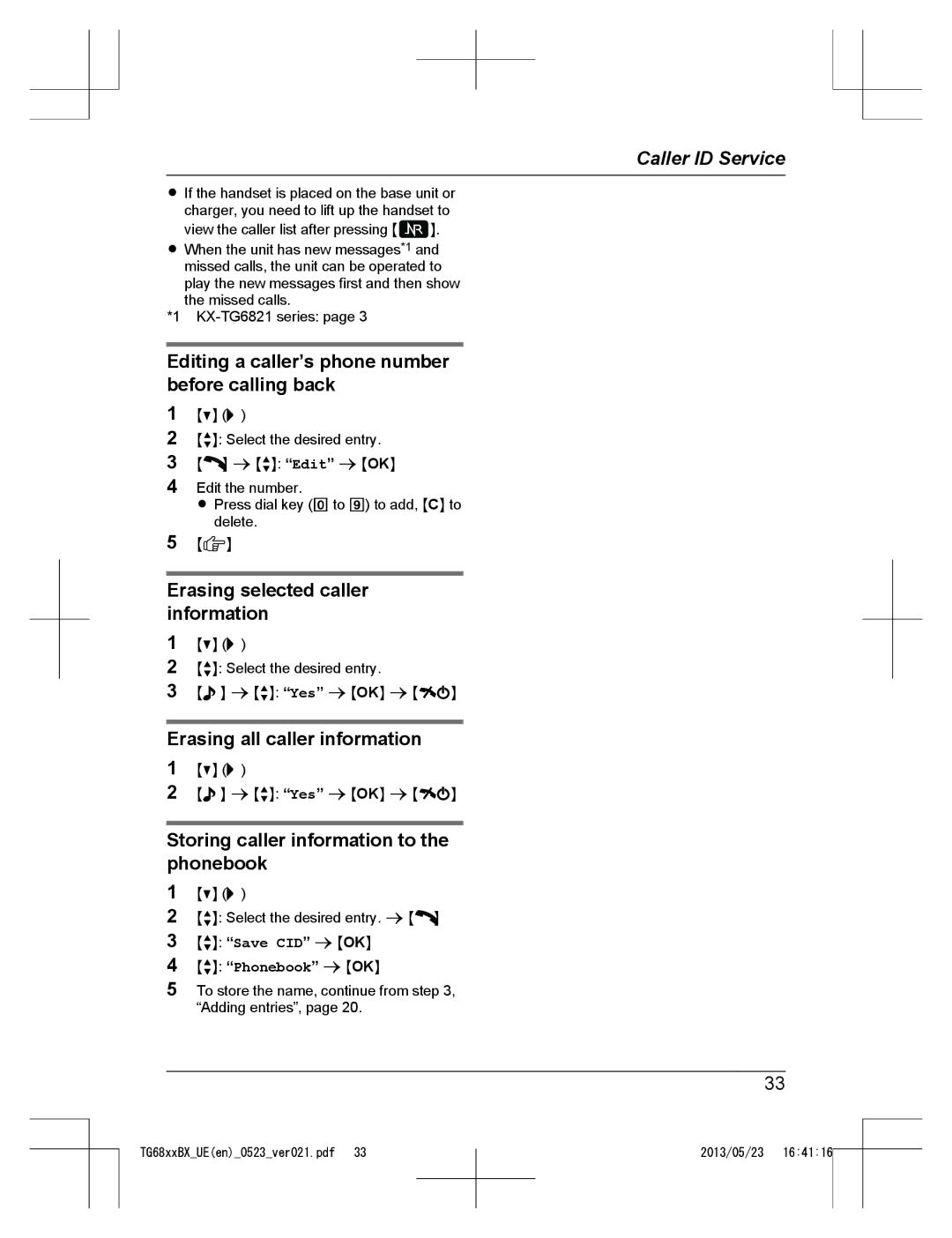 Panasonic KX-TG6881BX Editing a caller’s phone number before calling back, Erasing selected caller information 