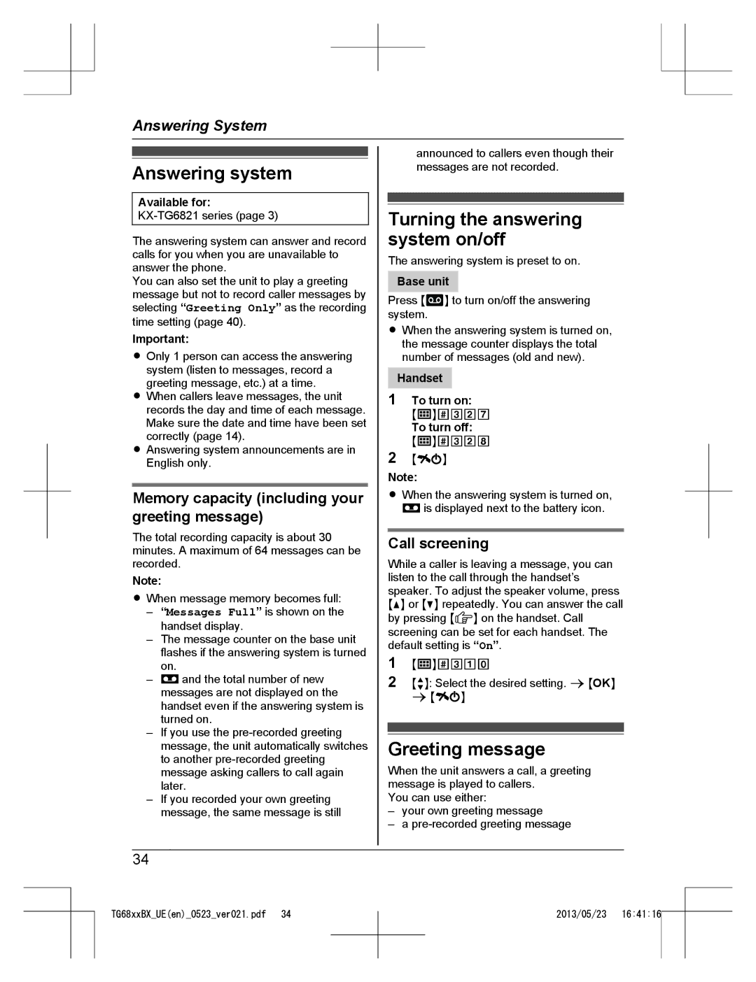 Panasonic KX-TG6811BX, KX-TG6881UE Answering system, Turning the answering system on/off, Greeting message, Call screening 