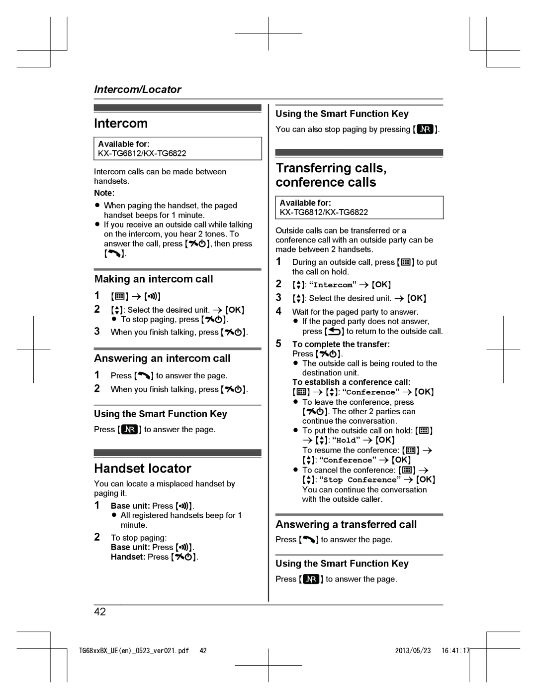 Panasonic KX-TG6811BX, KX-TG6881UE, KX-TG6881BX, KX-TG6822BX Intercom, Handset locator, Transferring calls, conference calls 