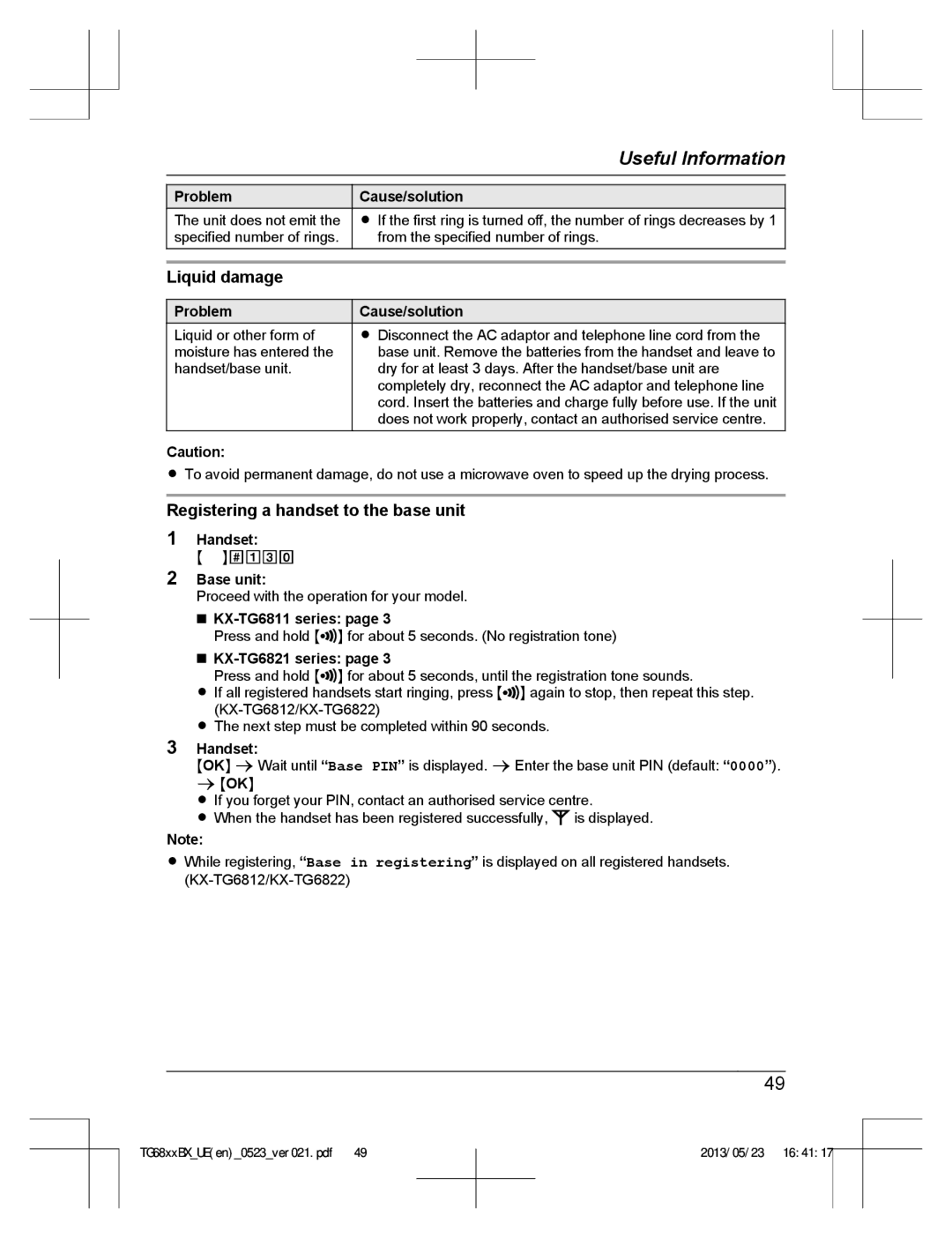 Panasonic KX-TG6881BX, KX-TG6881UE, KX-TG6811BX, KX-TG6822BX Liquid damage, Registering a handset to the base unit 