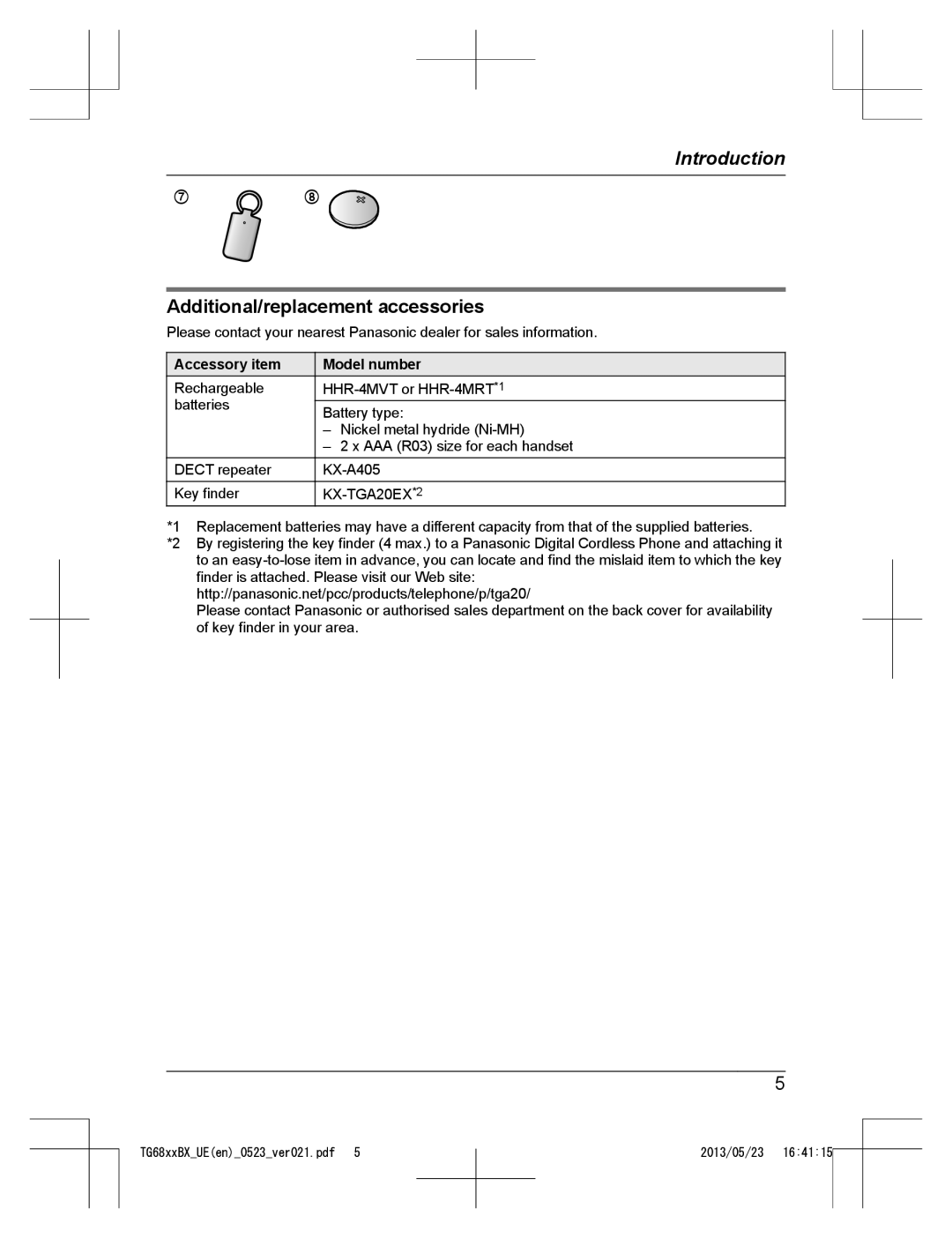 Panasonic KX-TG6811UE, KX-TG6881UE, KX-TG6881BX Additional/replacement accessories, Accessory item, Model number 