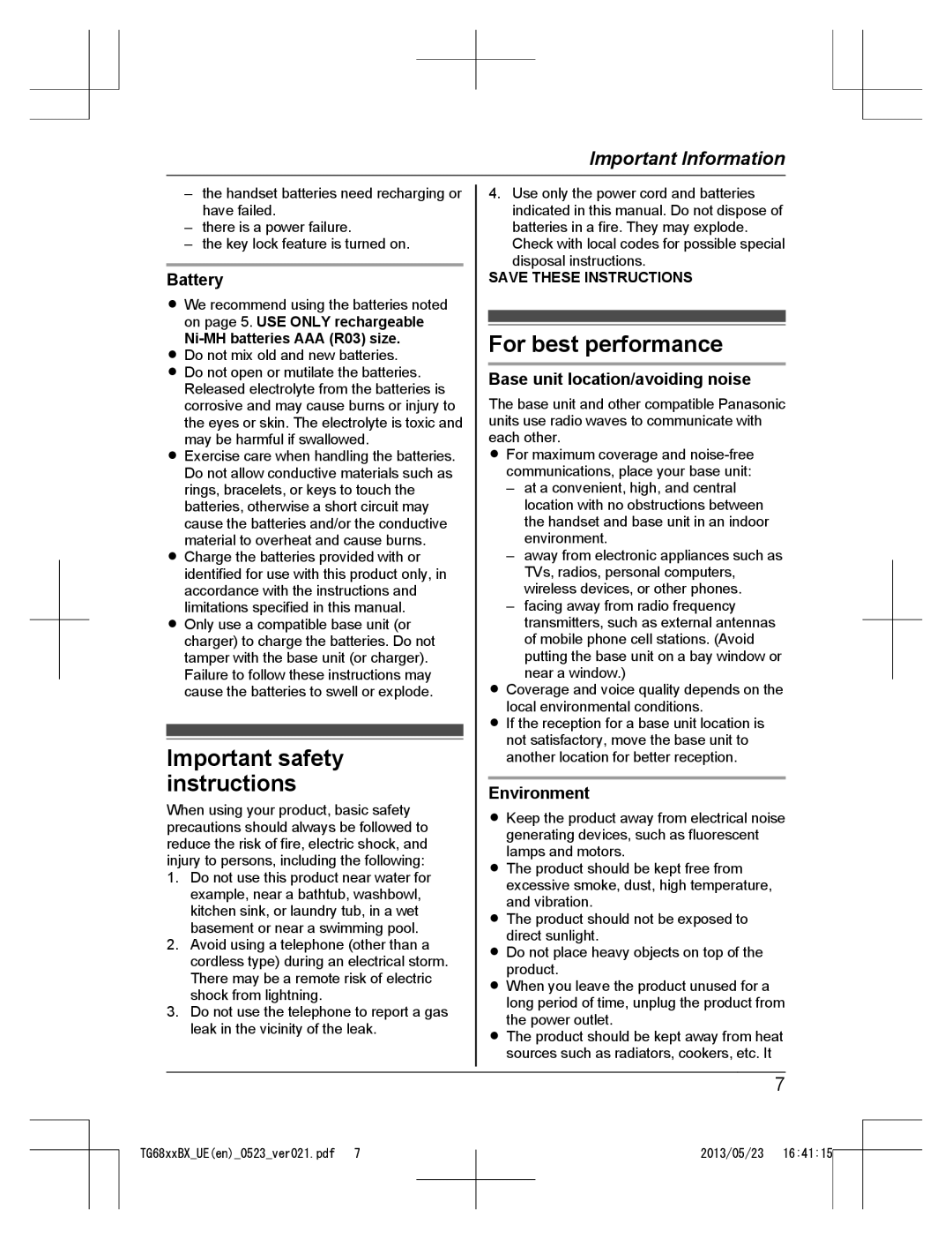 Panasonic KX-TG6812BX Important safety instructions, For best performance, Battery, Base unit location/avoiding noise 