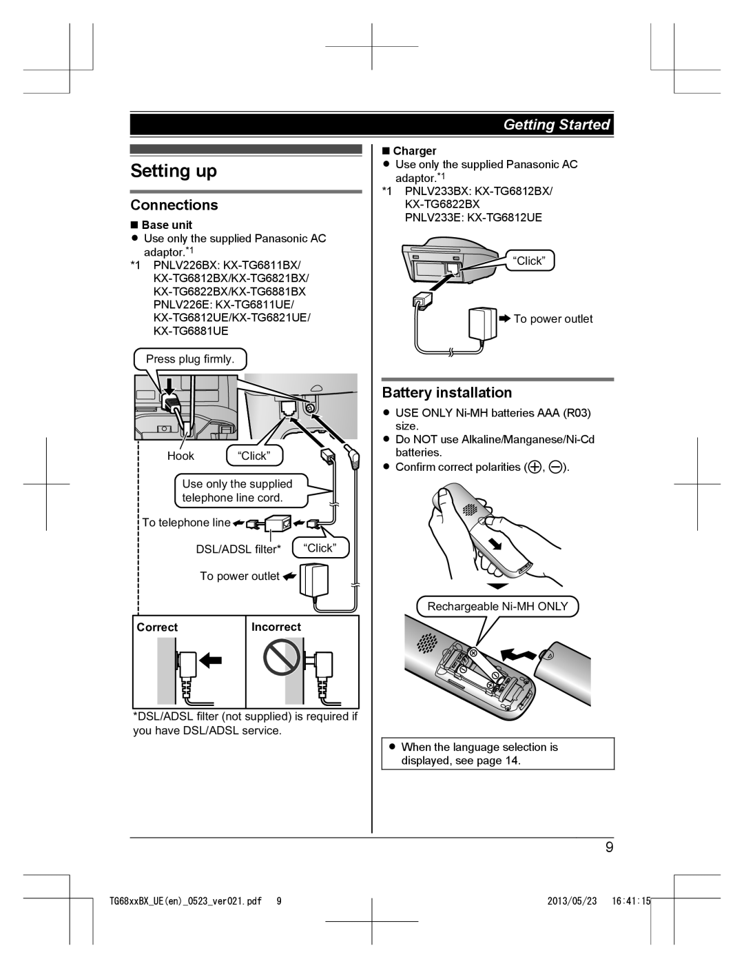 Panasonic KX-TG6881BX, KX-TG6881UE, KX-TG6811BX Setting up, Connections, Battery installation, Correct Incorrect 