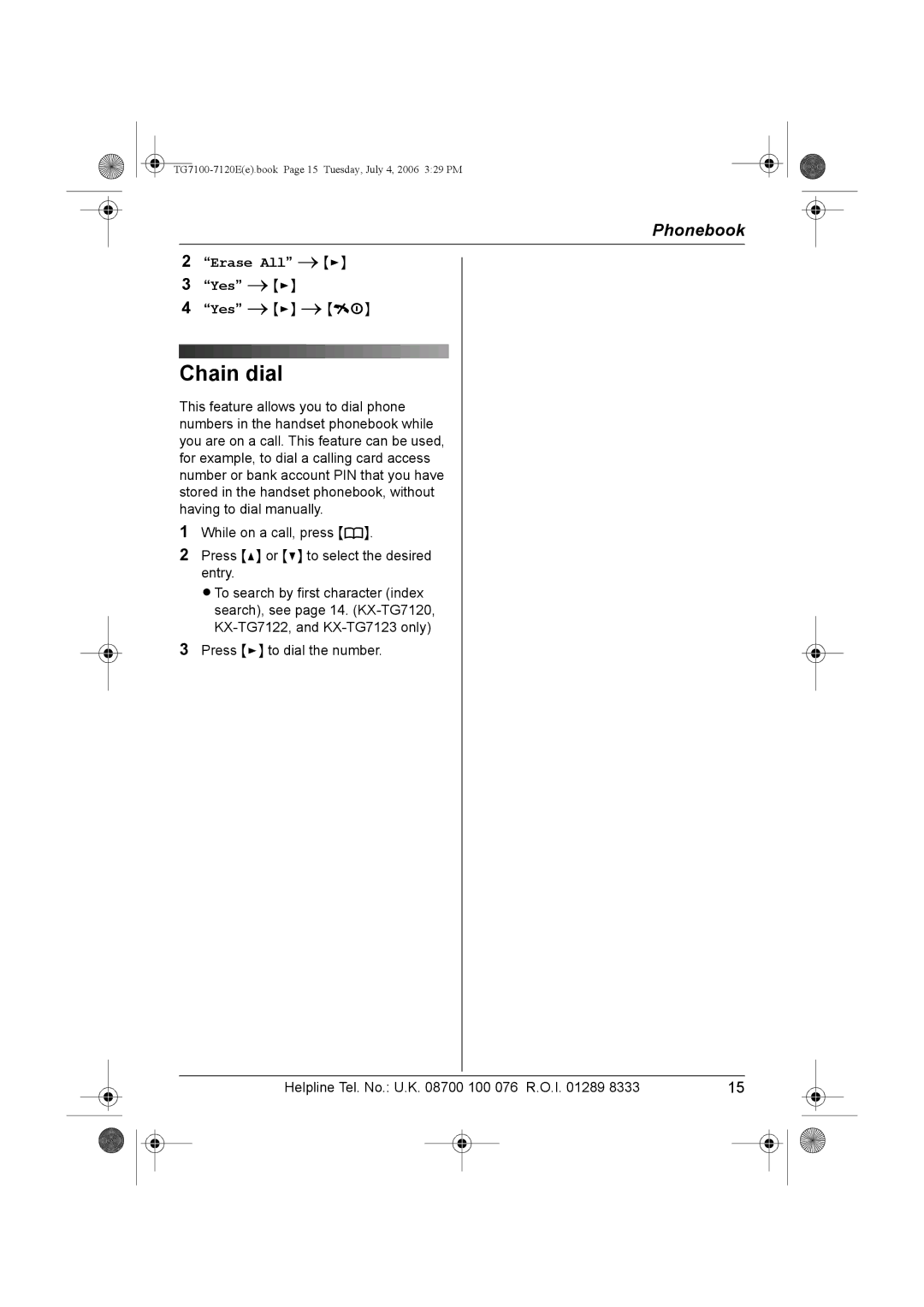 Panasonic KX-TG7123E, KX-TG7100 operating instructions Chain dial, Erase All, Yes 