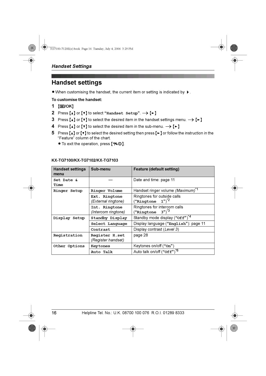 Panasonic KX-TG7100, KX-TG7123E operating instructions Handset settings 