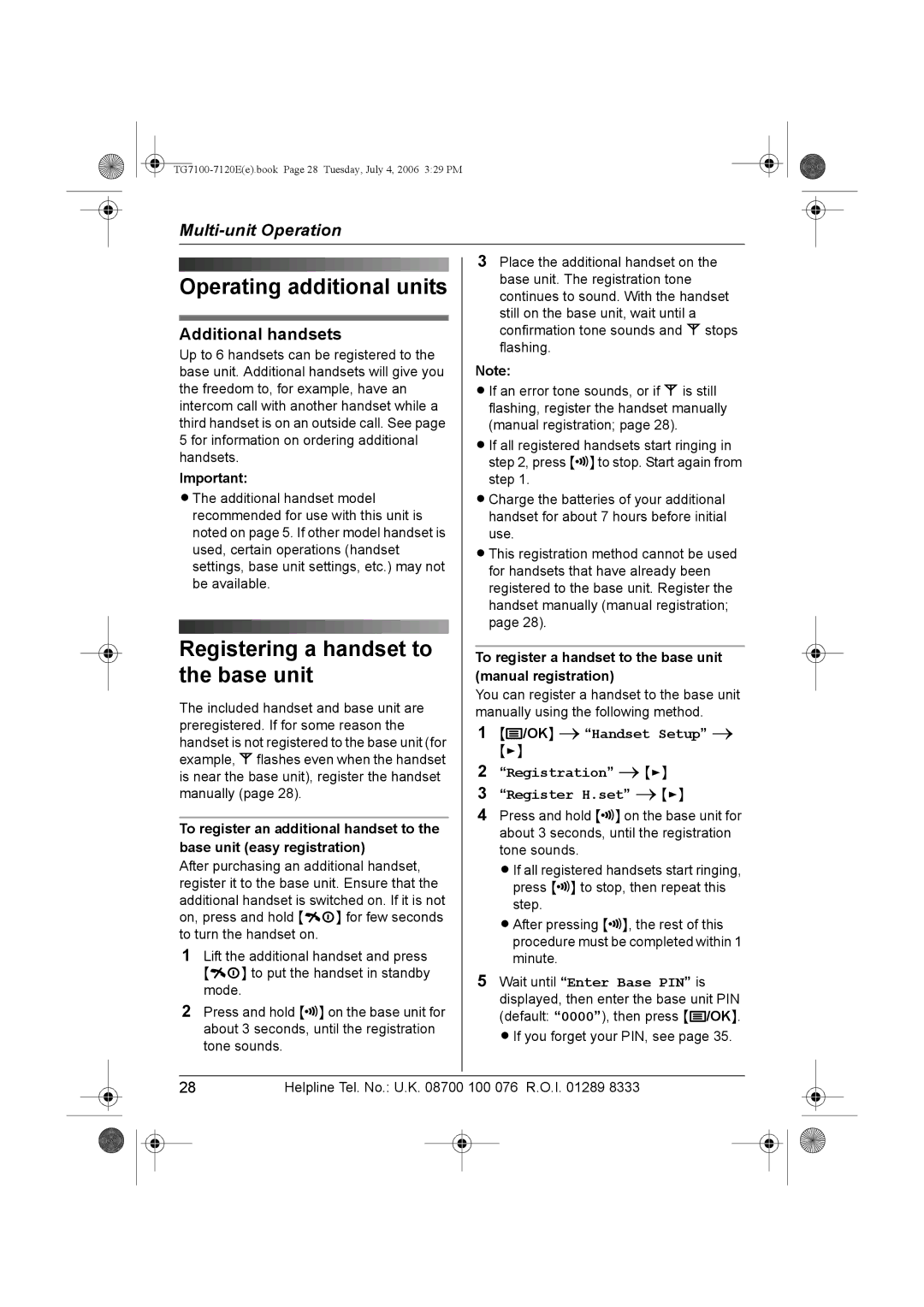 Panasonic KX-TG7100, KX-TG7123E operating instructions Registering a handset to, Base unit, Additional handsets 