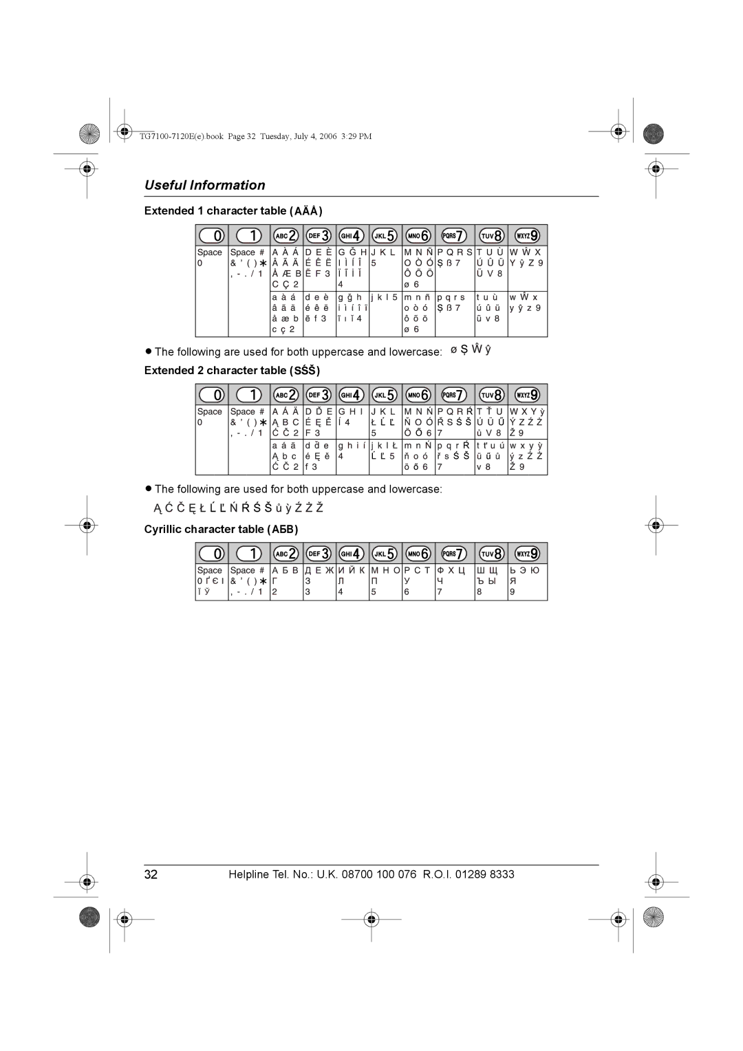 Panasonic KX-TG7100, KX-TG7123E Extended 1 character table N, Following are used for both uppercase and lowercase 