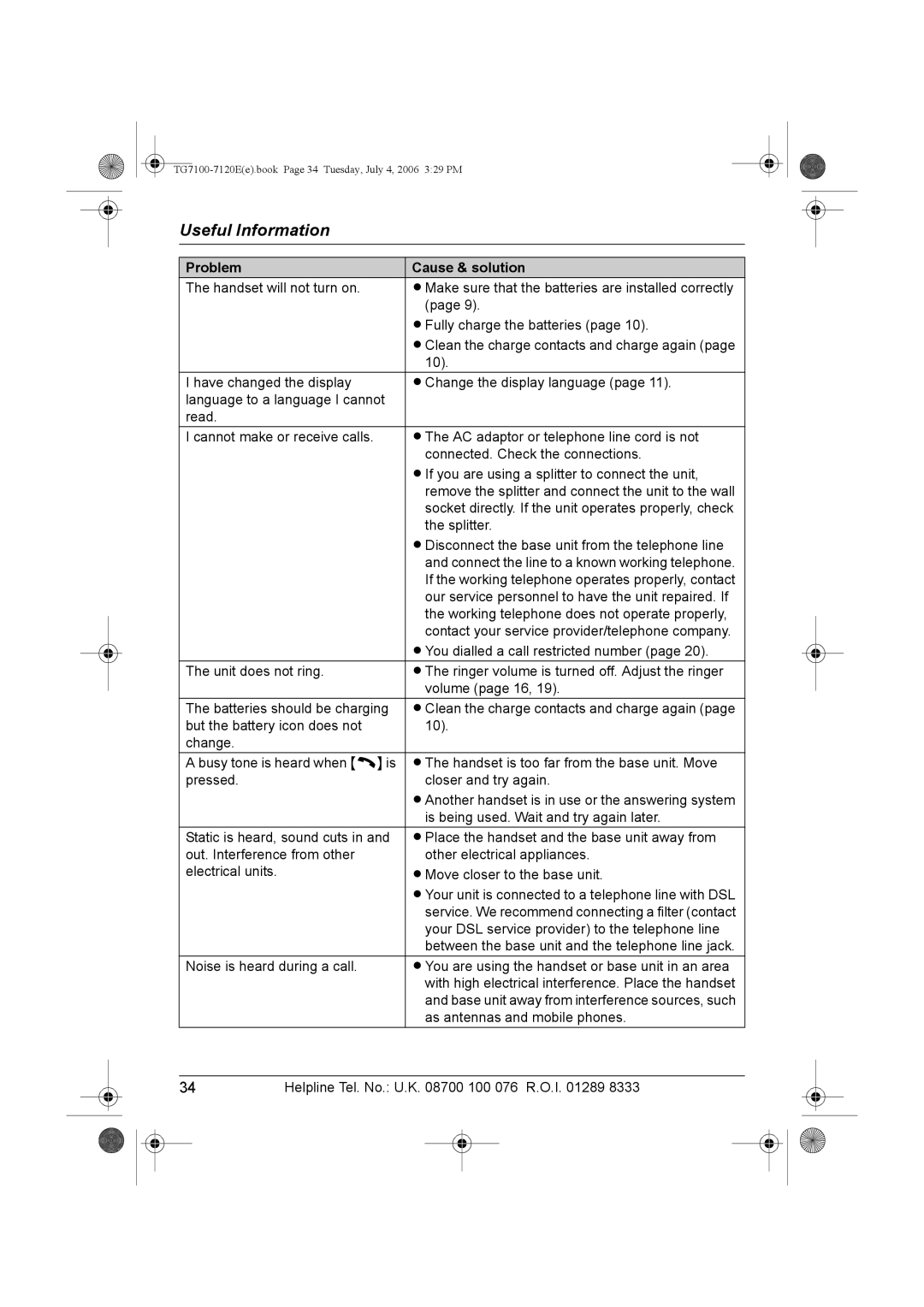 Panasonic KX-TG7100, KX-TG7123E operating instructions Problem Cause & solution 