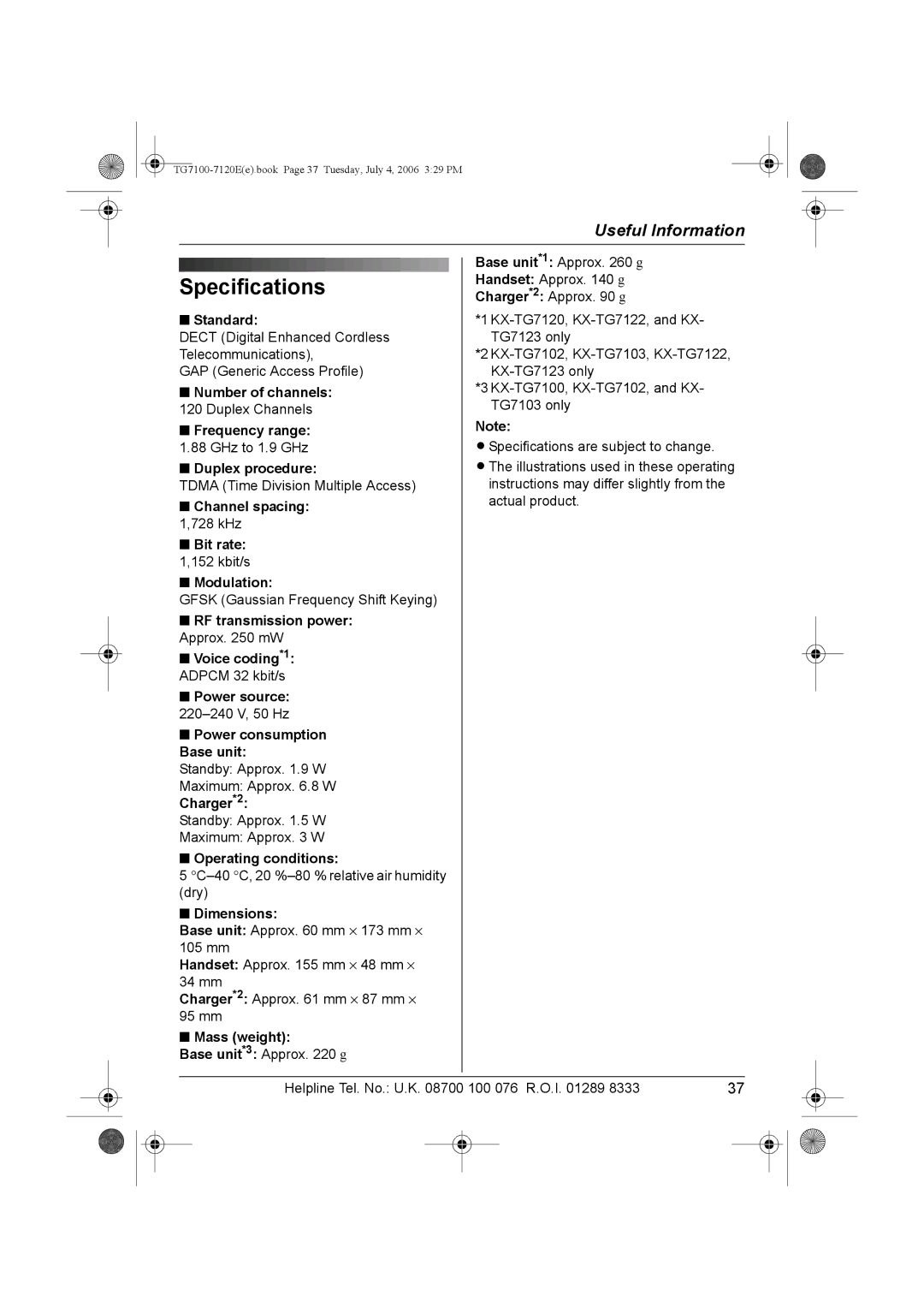 Panasonic KX-TG7123E, KX-TG7100 operating instructions Specifications 