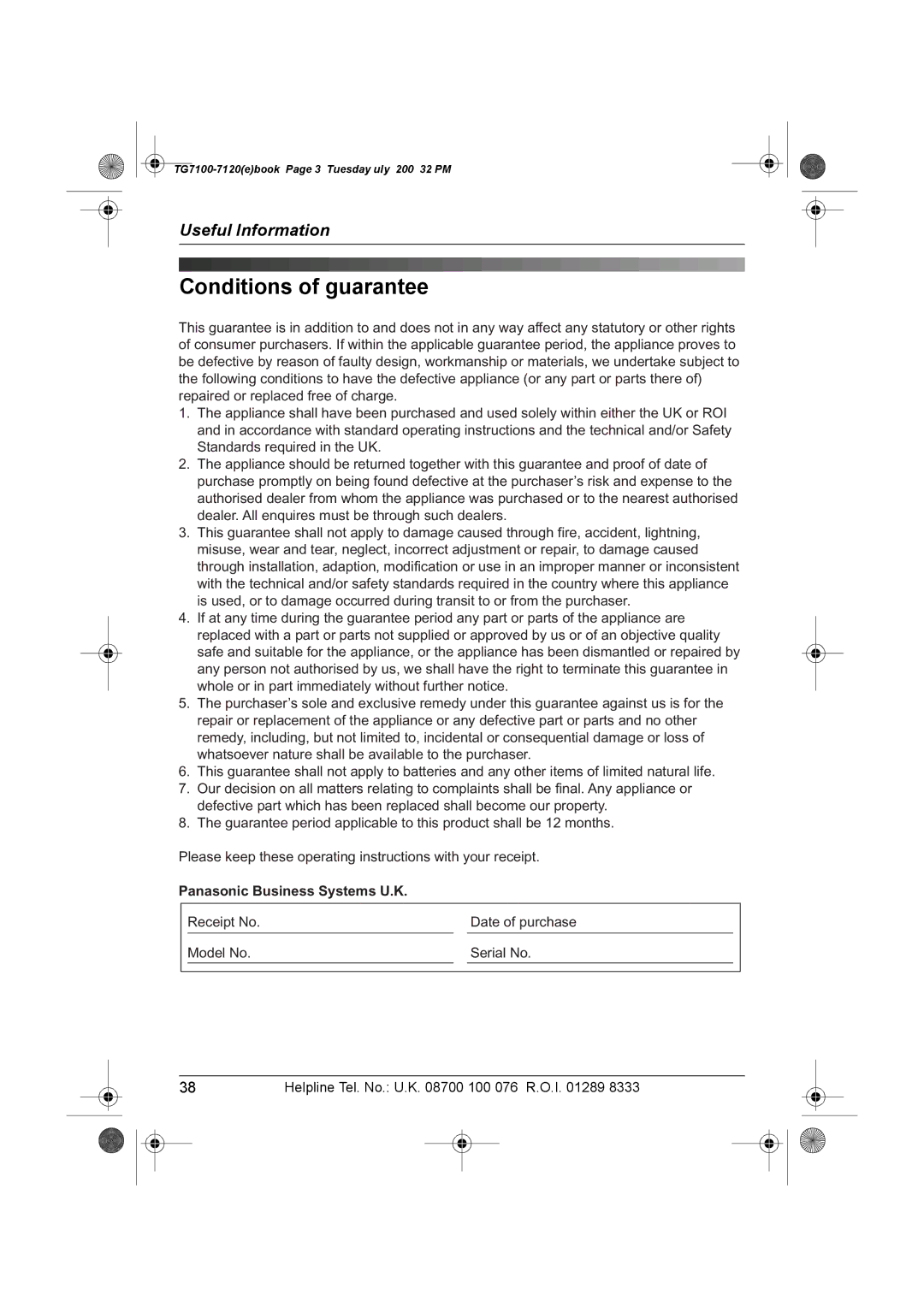 Panasonic KX-TG7100, KX-TG7123E operating instructions Conditions of guarantee, Panasonic Business Systems U.K 