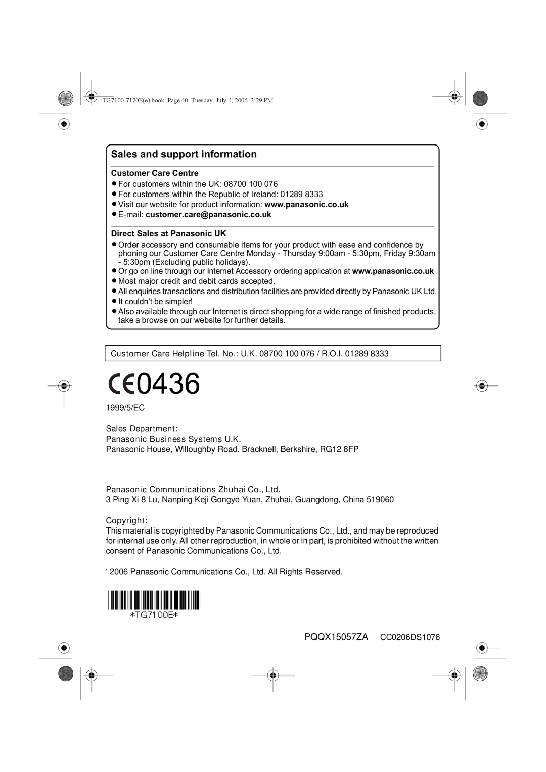 Panasonic KX-TG7100 Sales and support information, Customer Care Centre, Sales Department Panasonic Business Systems U.K 