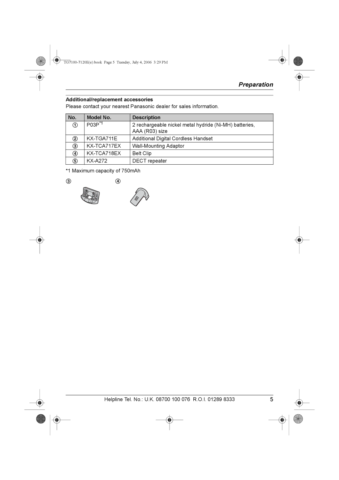 Panasonic KX-TG7123E Additional/replacement accessories, Model No Description, Additional Digital Cordless Handset 