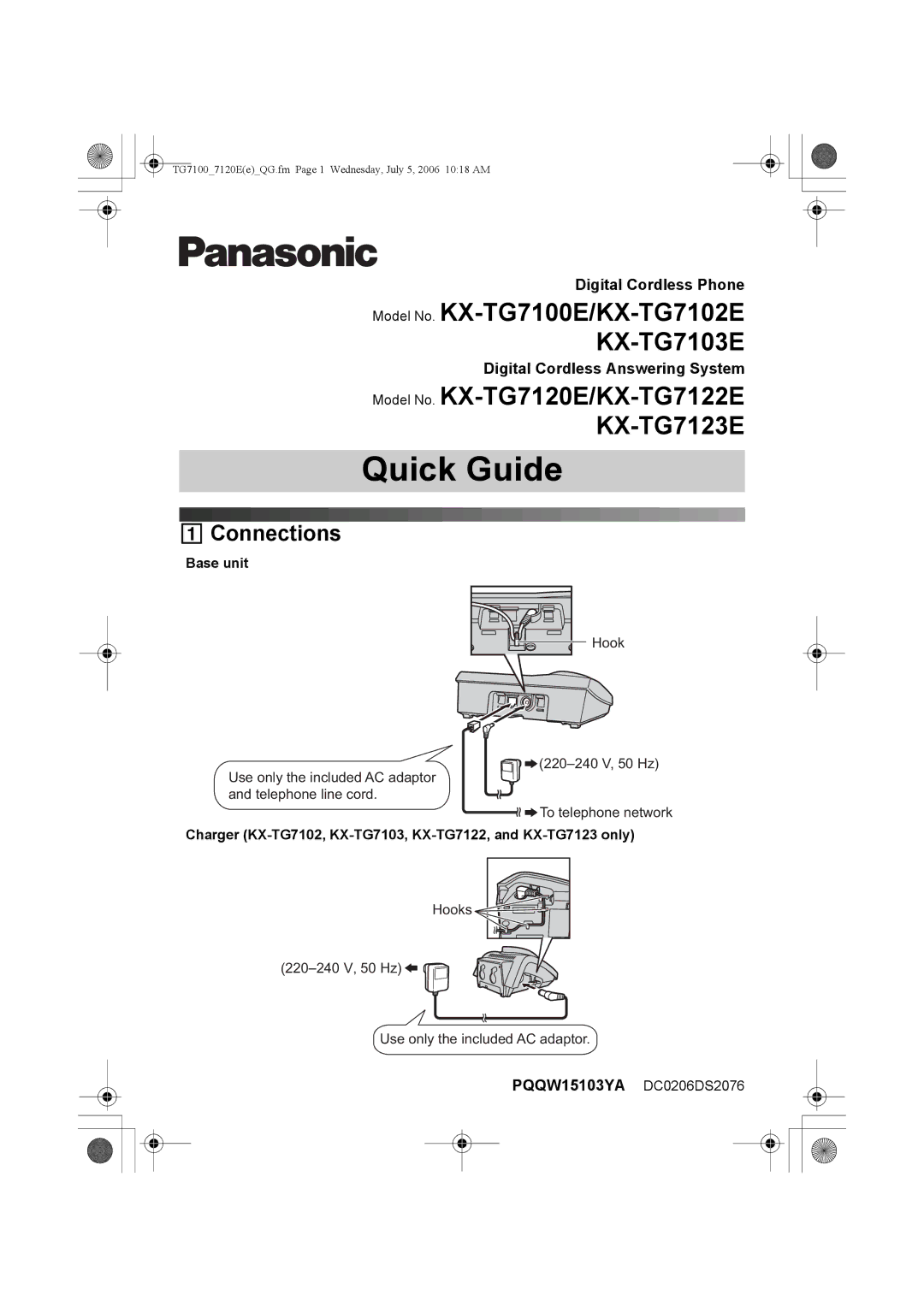 Panasonic KX-TG7102E manual Connections, Base unit, Charger KX-TG7102, KX-TG7103, KX-TG7122, and KX-TG7123 only 