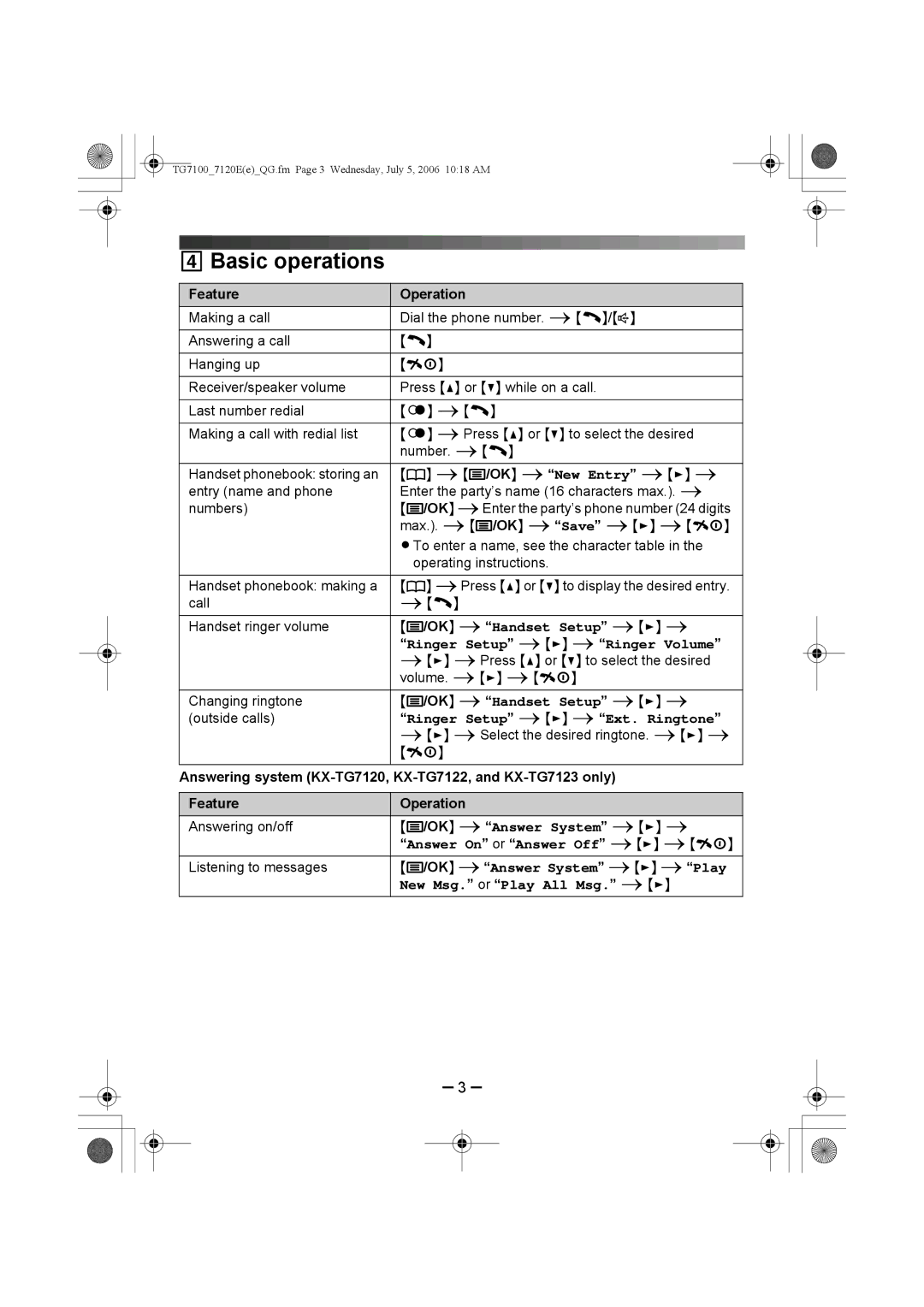 Panasonic KX-TG7103E, KX-TG7102E, KX-TG7100E manual 4Basic operations 