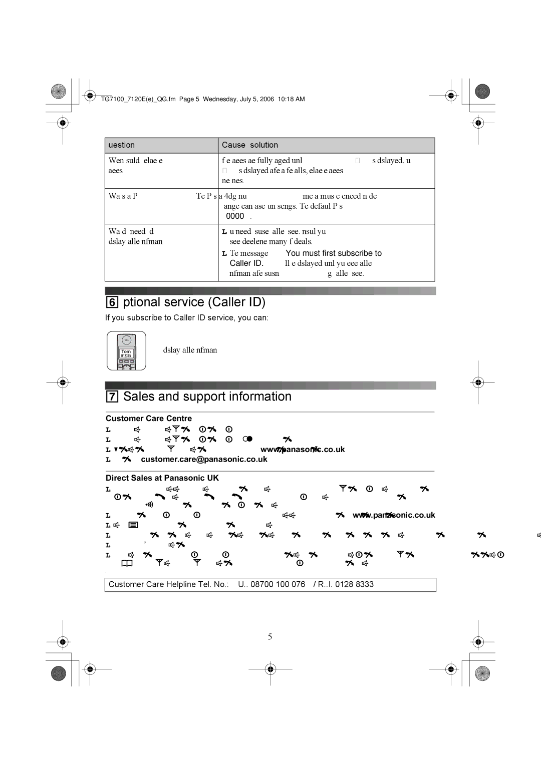 Panasonic KX-TG7100E, KX-TG7103E, KX-TG7102E manual 6Optional service Caller ID, 7Sales and support information, 0000 