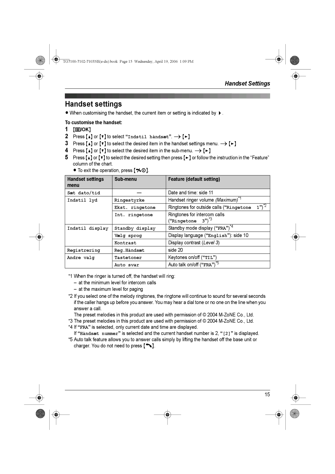 Panasonic KX-TG7103NE operating instructions Handset settings 