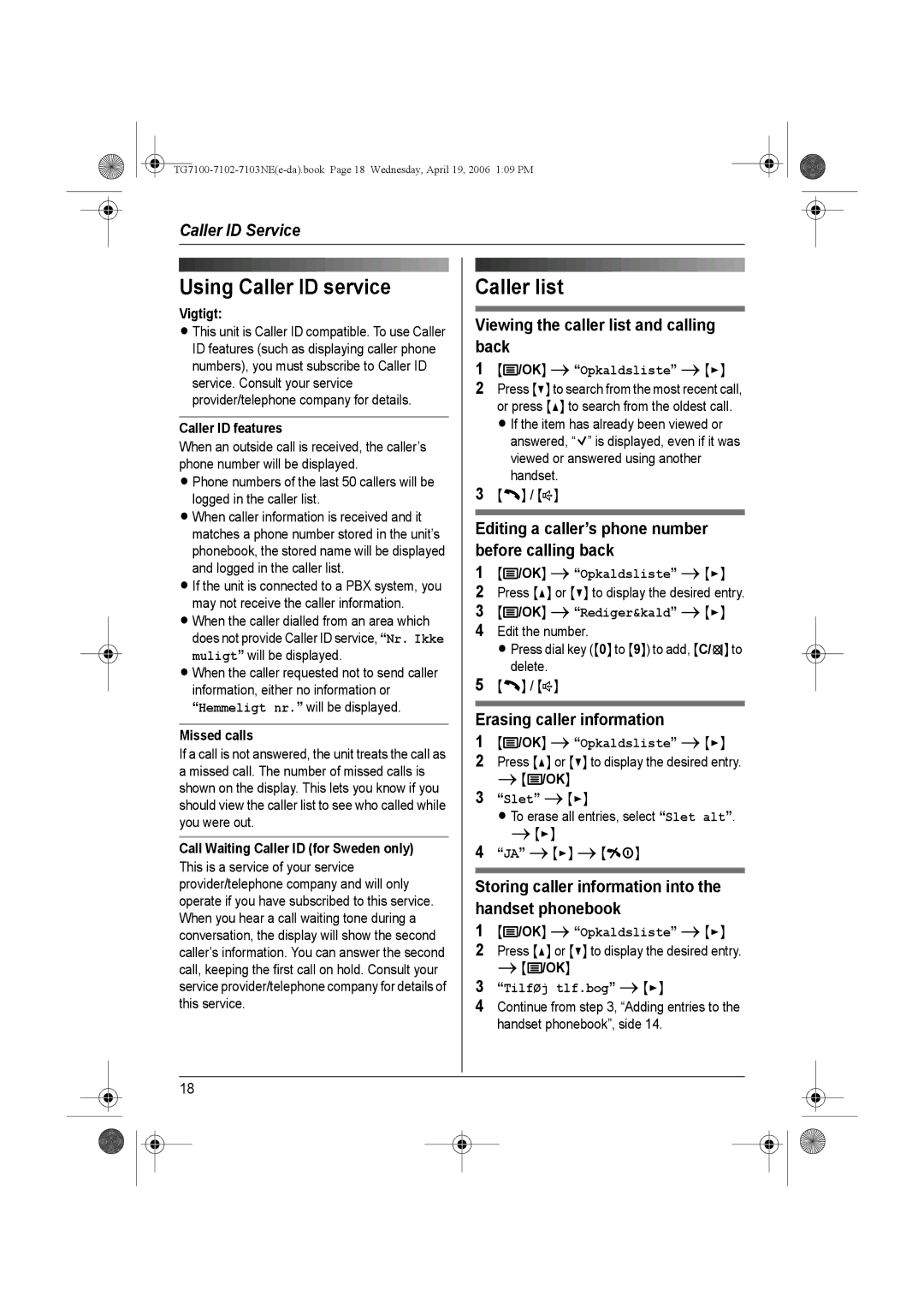 Panasonic KX-TG7103NE operating instructions Using Caller ID service, Caller list 