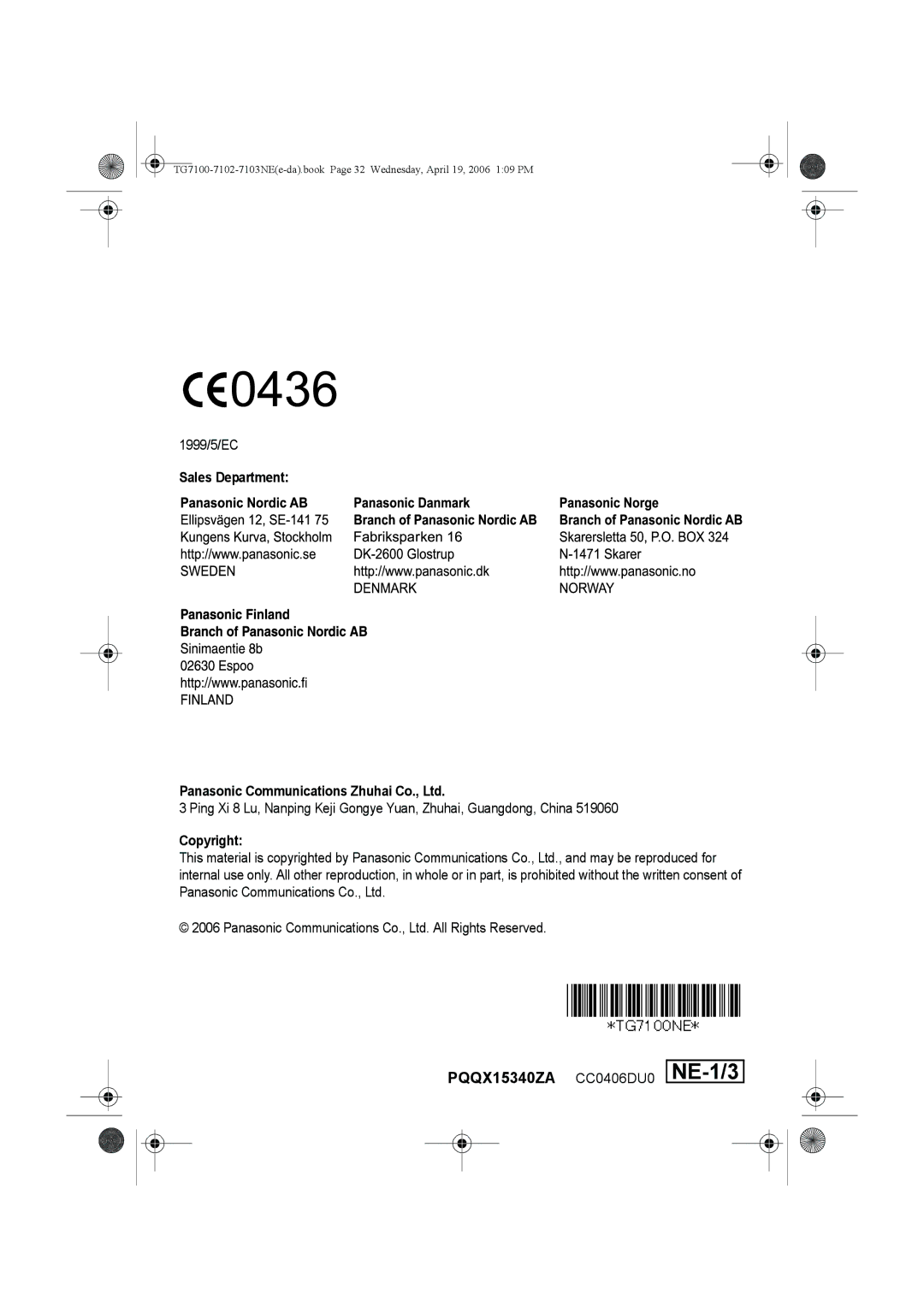 Panasonic KX-TG7103NE operating instructions NE-1/3, Sales Department, Copyright 