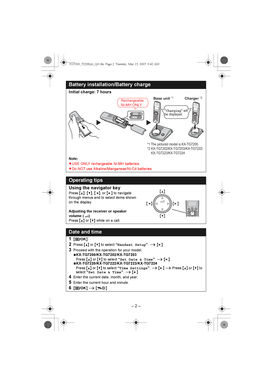 Panasonic KX-TG7224E Battery installation/Battery charge, Operating tips, Date and time, Adjusting the receiver or speaker 