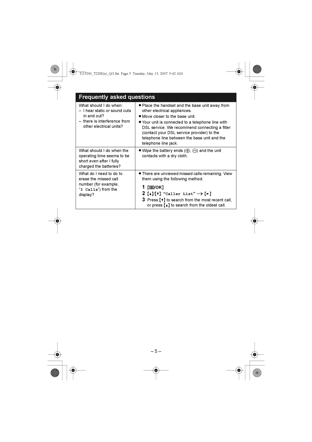 Panasonic KX-TG7223E, KX-TG7202E, KX-TG7200E, KX-TG7224E, KX-TG7203E TG72007220EeQG.fm Page 5 Tuesday, May 15, 2007 942 AM 