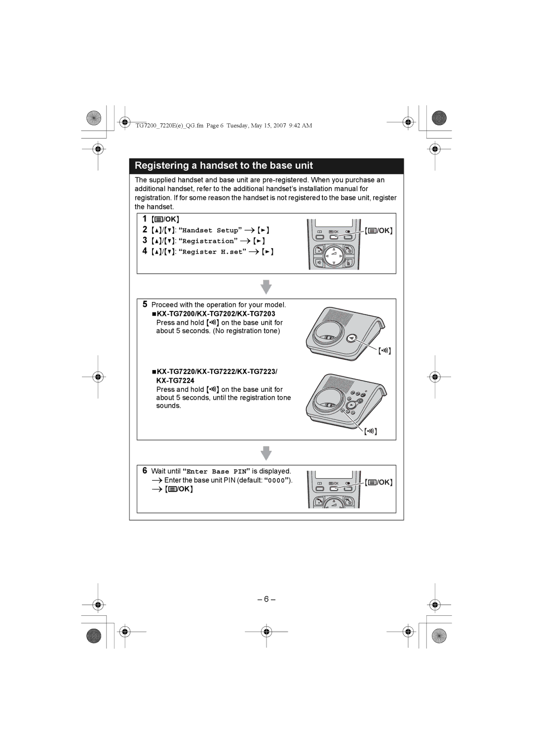 Panasonic KX-TG7222E, KX-TG7202E manual Registering a handset to the base unit, Handset Setup Registration Register H.set 