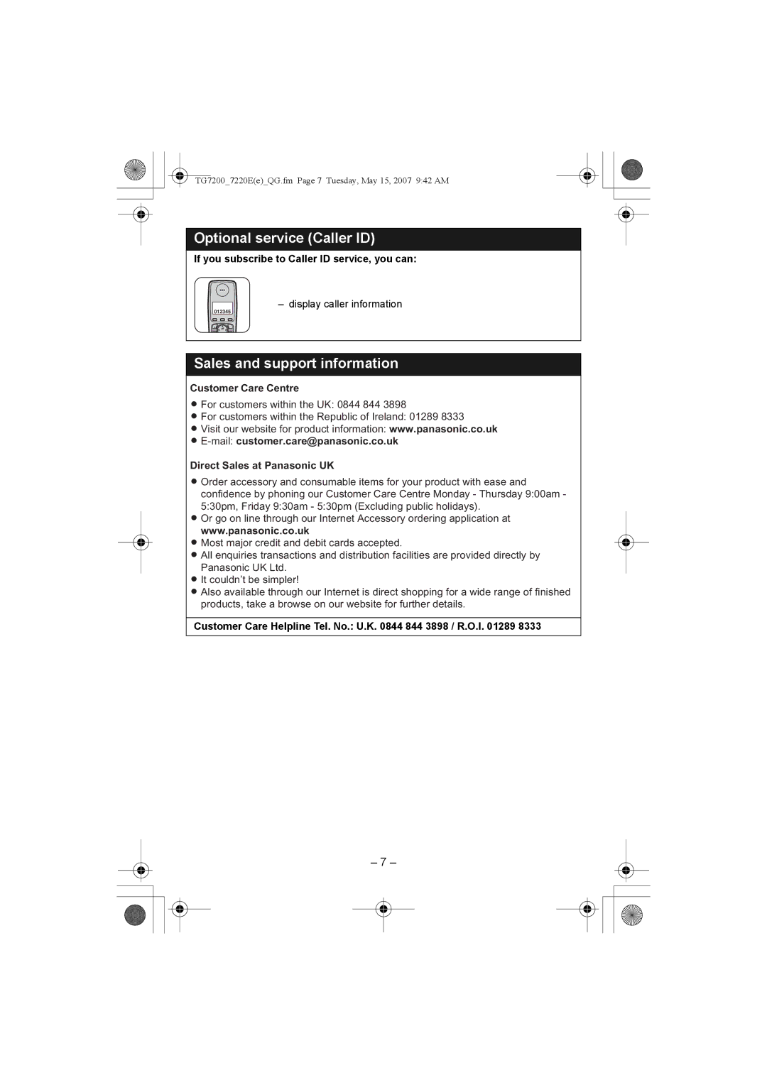 Panasonic KX-TG7202E, KX-TG7200E manual Optional service Caller ID, Sales and support information, Customer Care Centre 