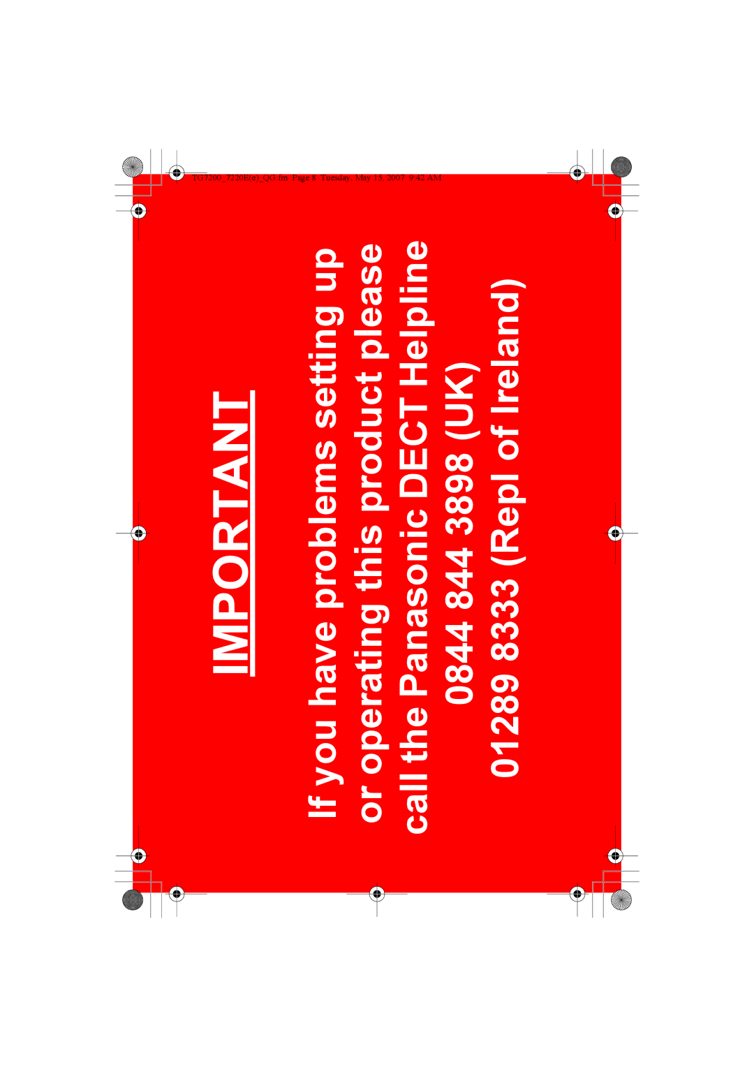 Panasonic KX-TG7200E, KX-TG7202E, KX-TG7224E, KX-TG7203E, KX-TG7220E TG72007220EeQG.fm Page 8 Tuesday, May 15, 2007 942 AM 