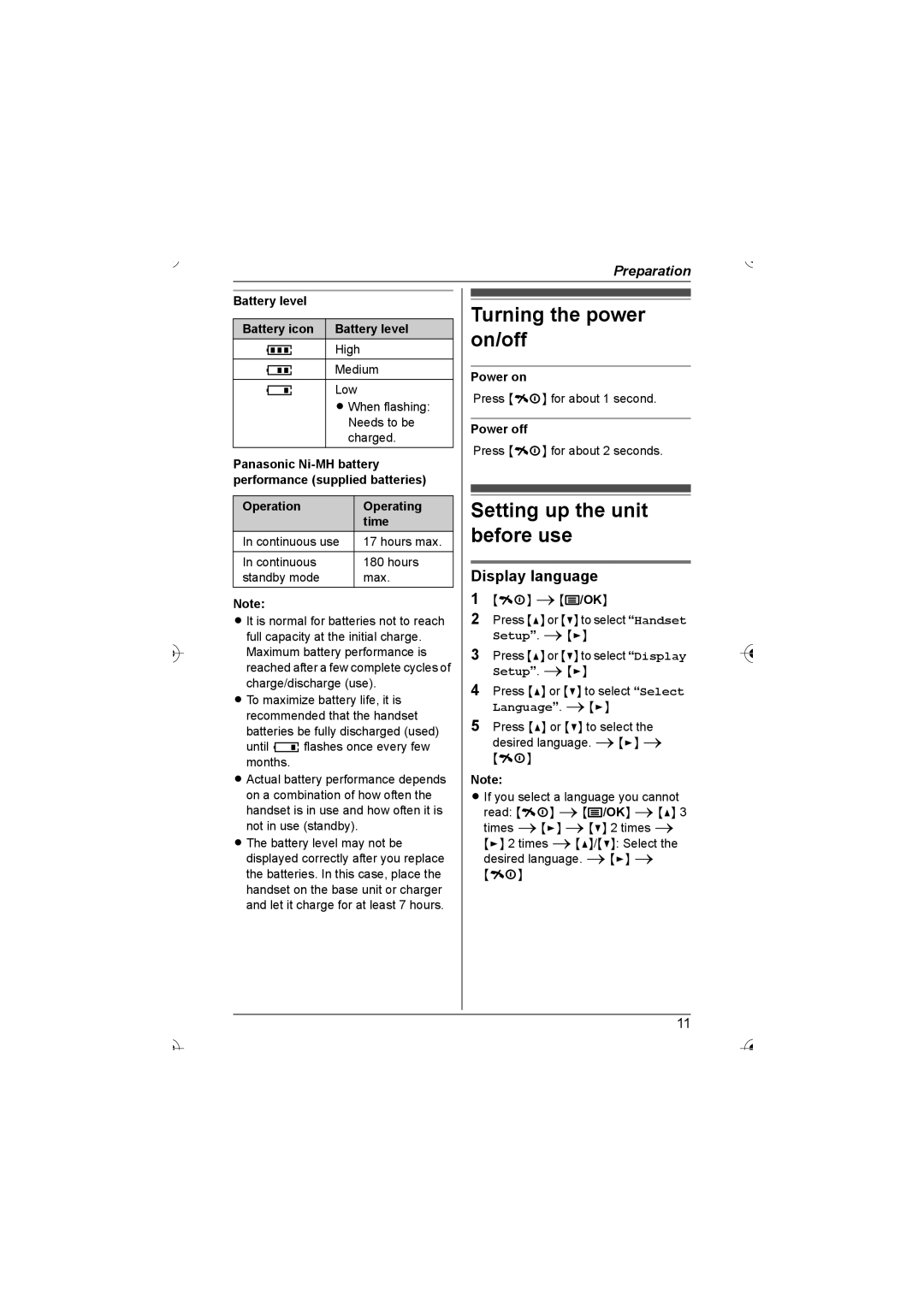 Panasonic KX-TG7200HK, KX-TG7202HK Turning the power on/off, Setting up the unit before use, Display language 