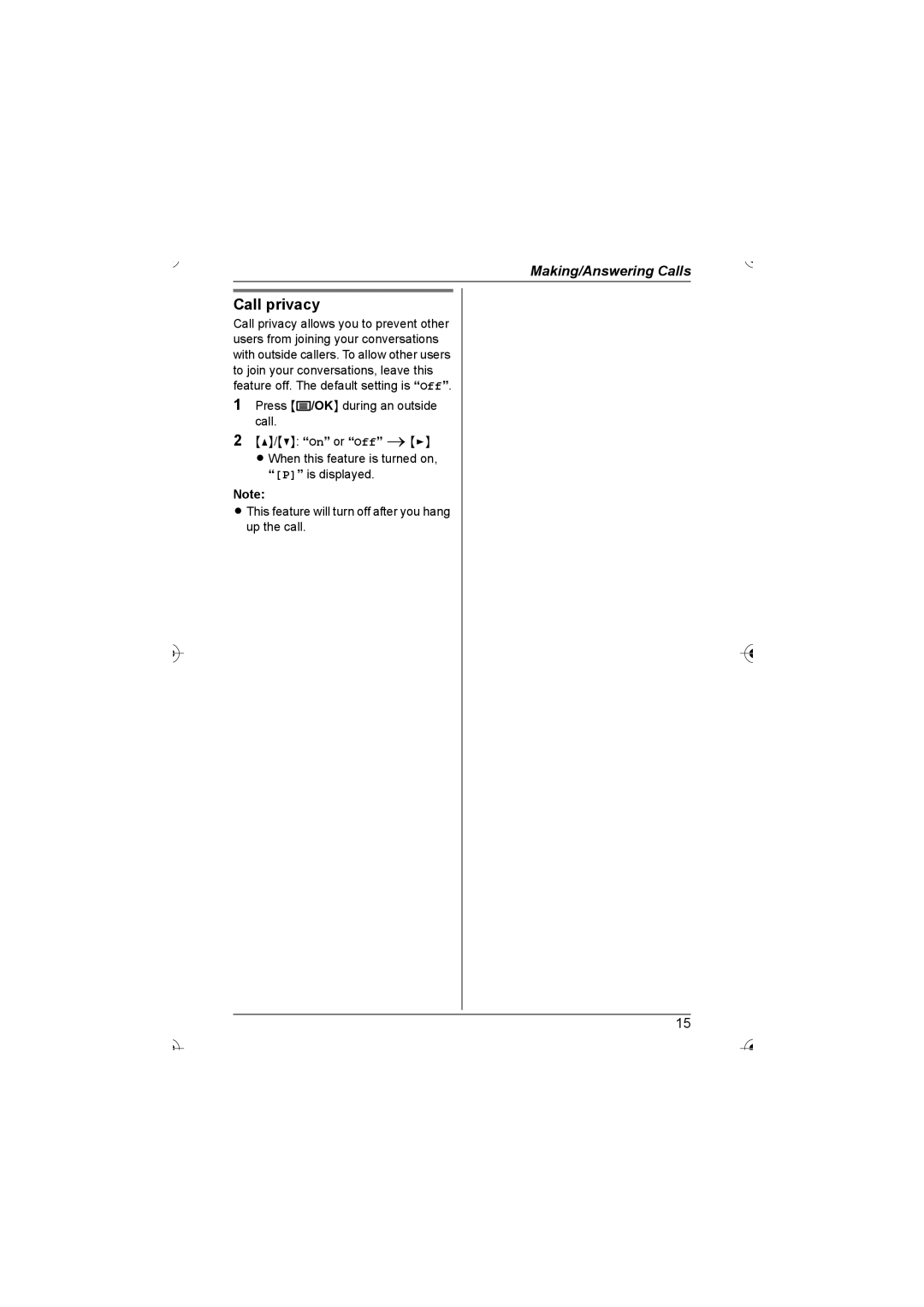 Panasonic KX-TG7200HK, KX-TG7202HK operating instructions Call privacy 