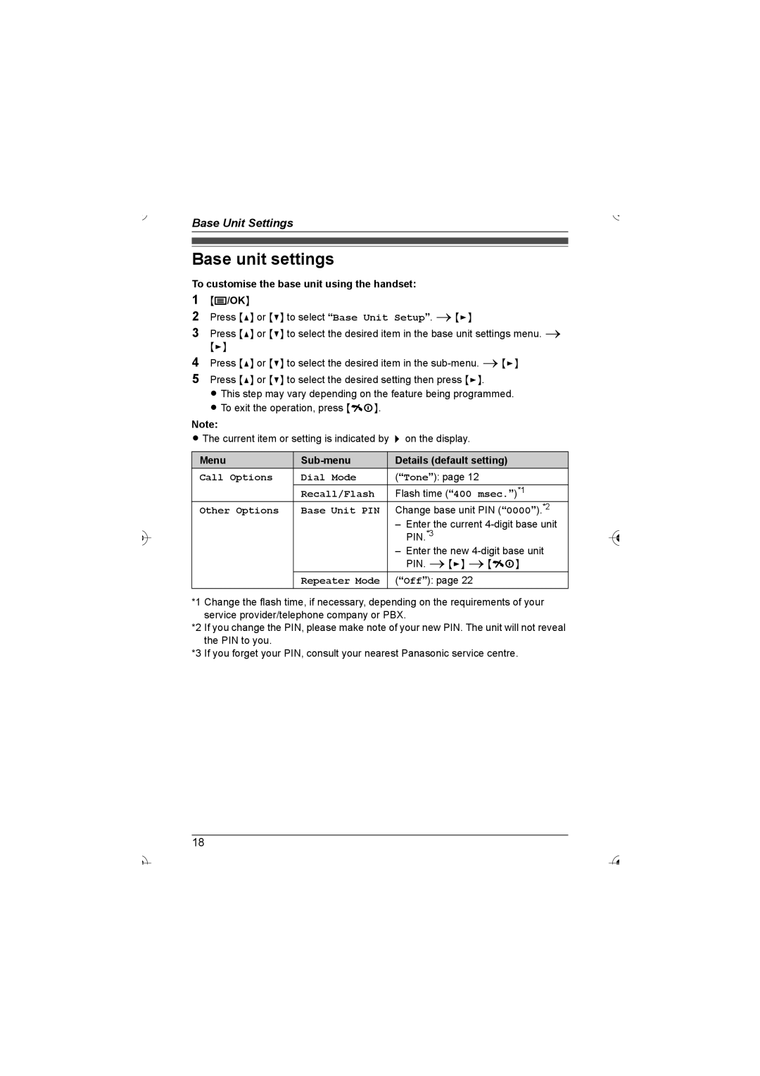 Panasonic KX-TG7202HK Base unit settings, To customise the base unit using the handset, Call Options Dial Mode 