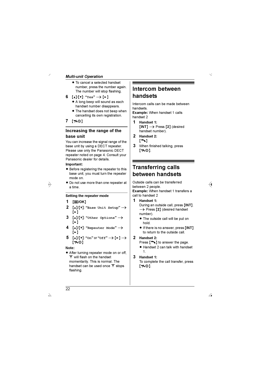 Panasonic KX-TG7202HK Intercom between handsets, Transferring calls between handsets, Setting the repeater mode 