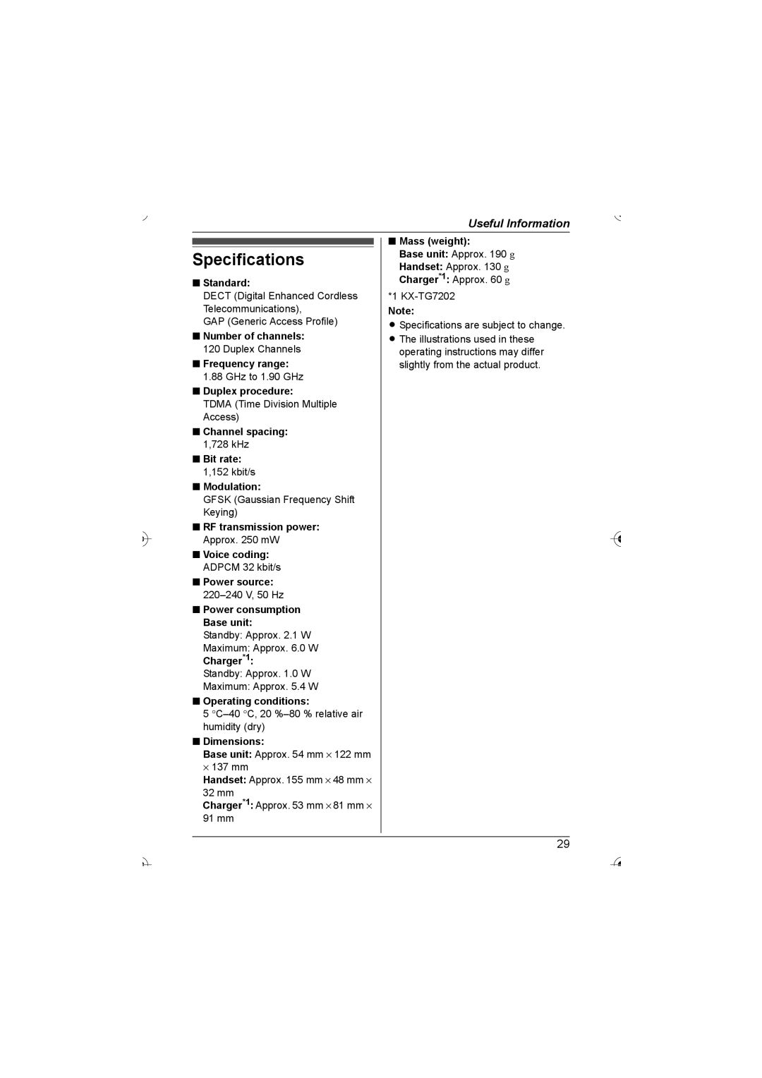 Panasonic KX-TG7200HK, KX-TG7202HK operating instructions Specifications 