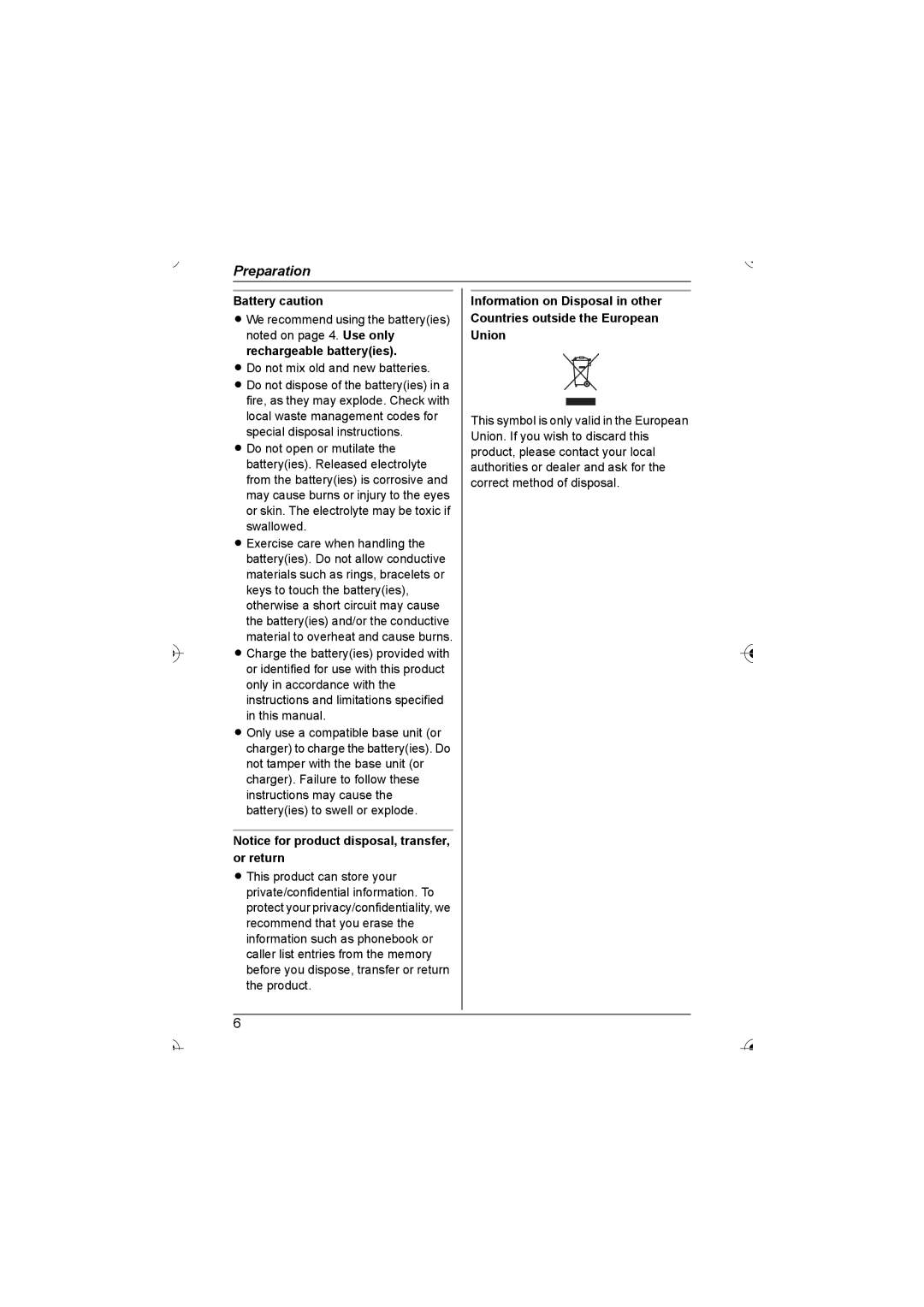 Panasonic KX-TG7202HK, KX-TG7200HK operating instructions Battery caution 