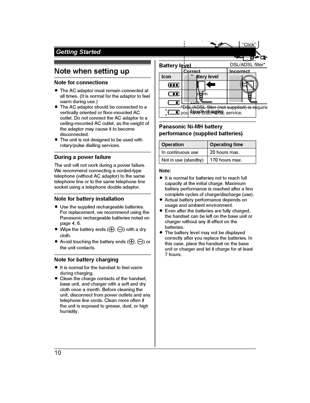 Panasonic KX-TG722AL, KX-TG2721AL During a power failure, Icon Battery level, Operation Operating time 