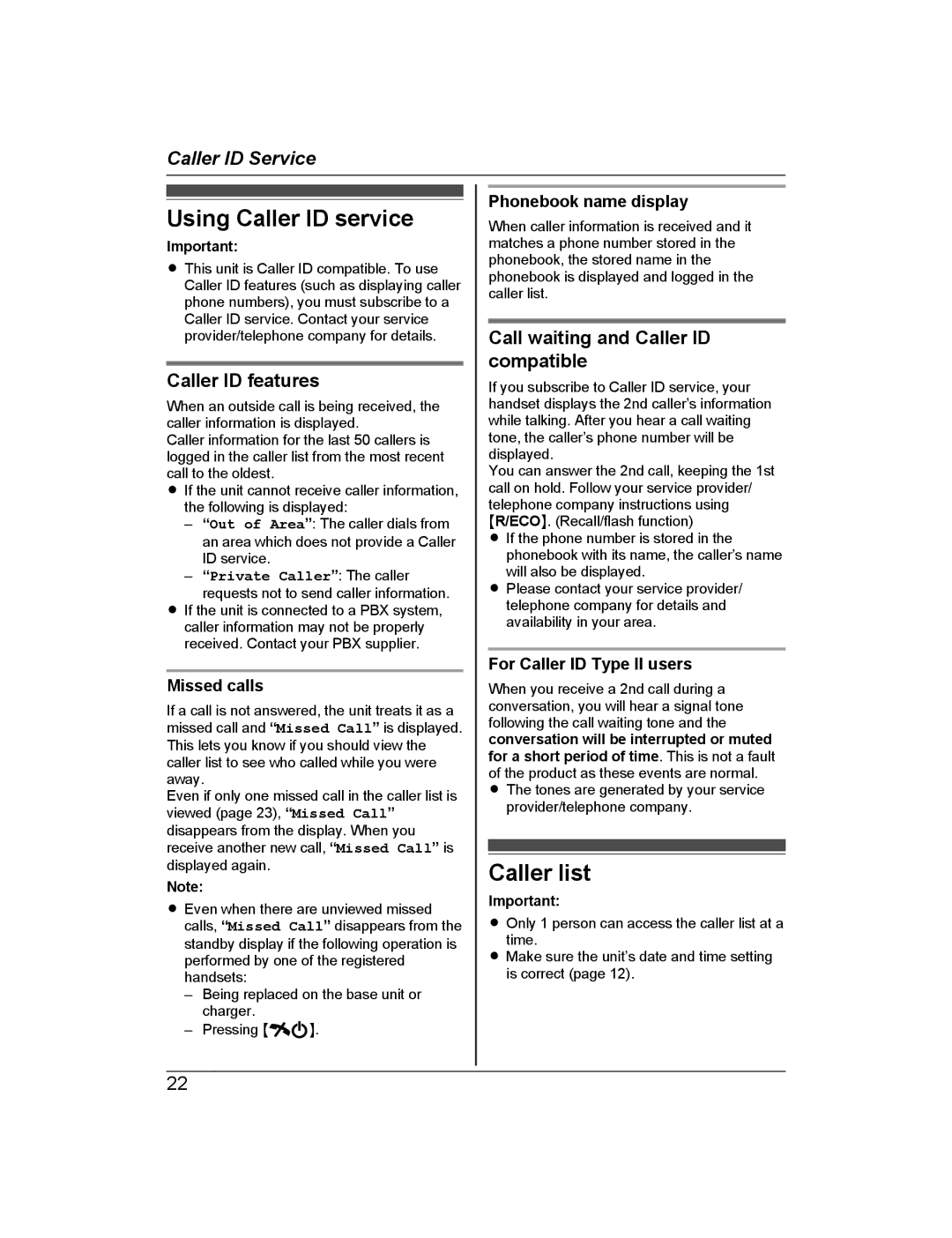 Panasonic KX-TG722AL Using Caller ID service, Caller list, Caller ID features, Call waiting and Caller ID compatible 