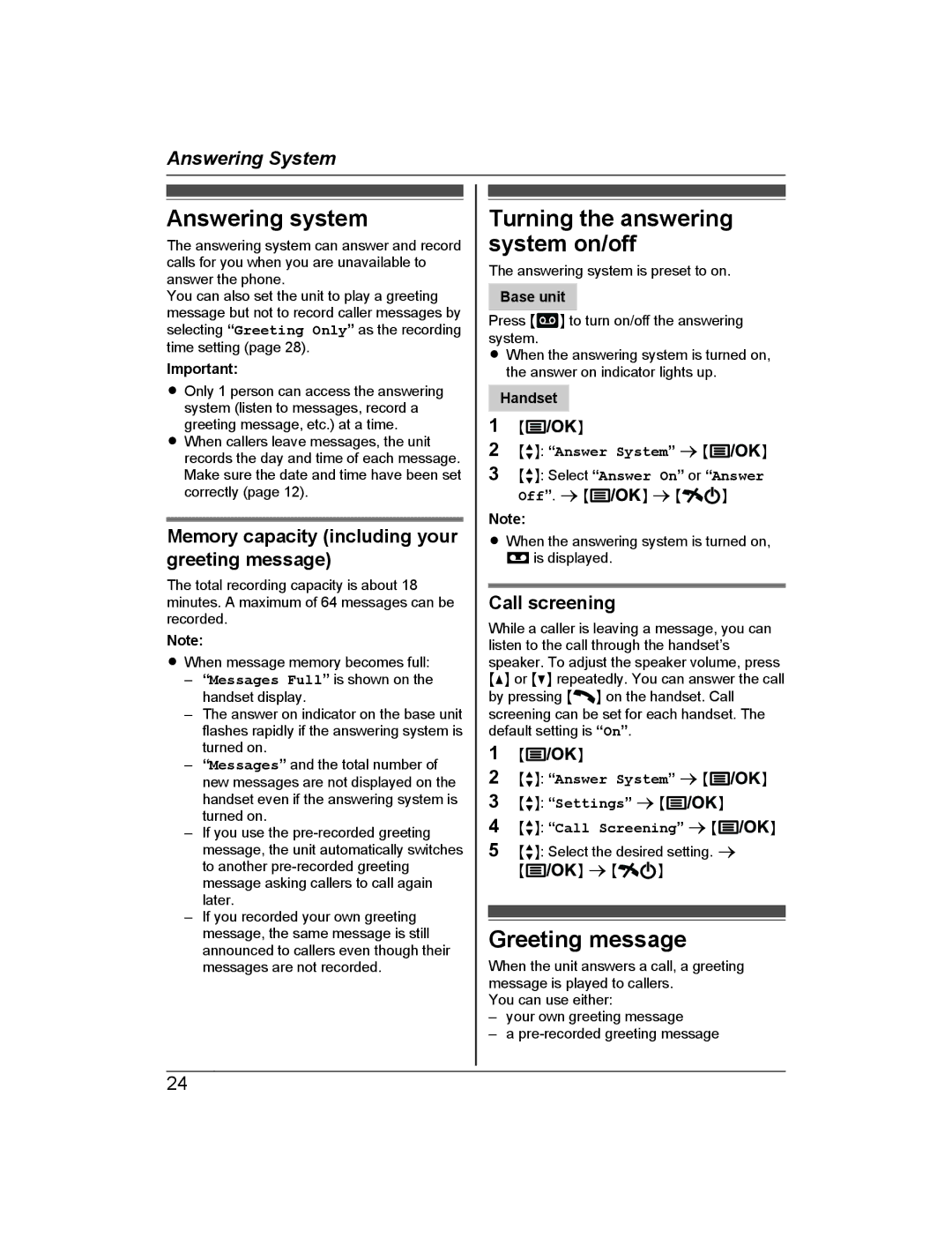 Panasonic KX-TG722AL, KX-TG2721AL Answering system, Turning the answering system on/off, Greeting message, Call screening 