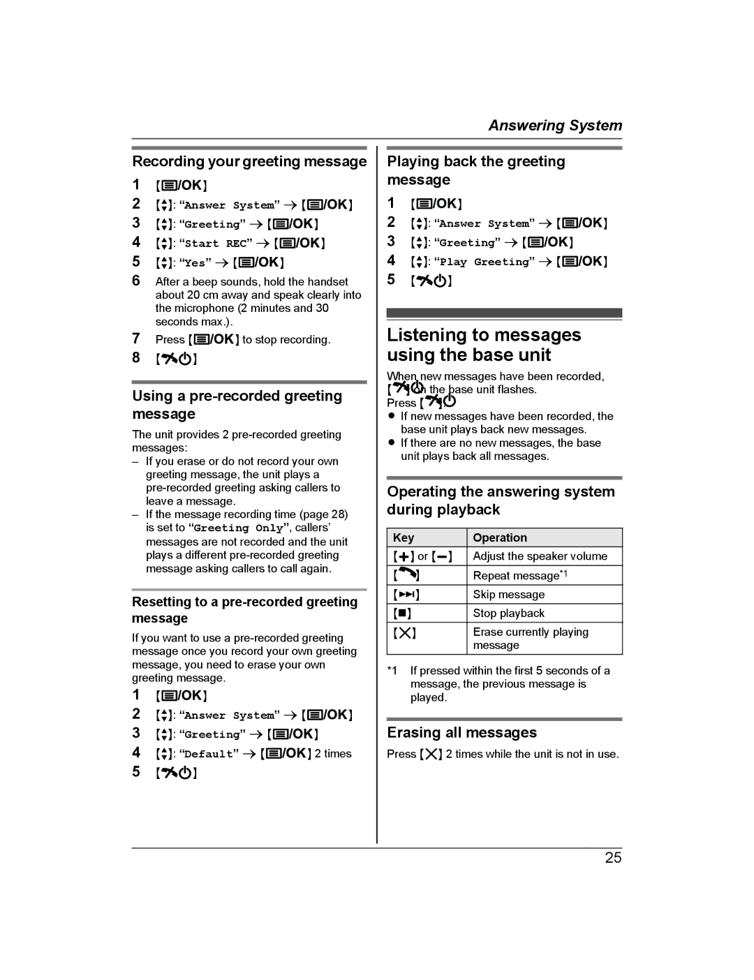 Panasonic KX-TG2721AL, KX-TG722AL operating instructions Listening to messages using the base unit 