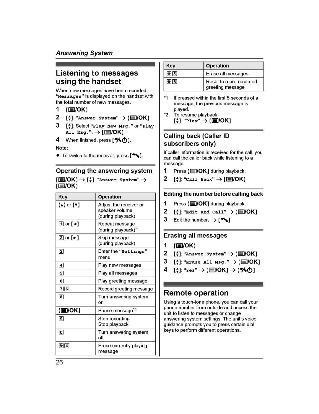 Panasonic KX-TG722AL Listening to messages using the handset, Remote operation, Operating the answering system 