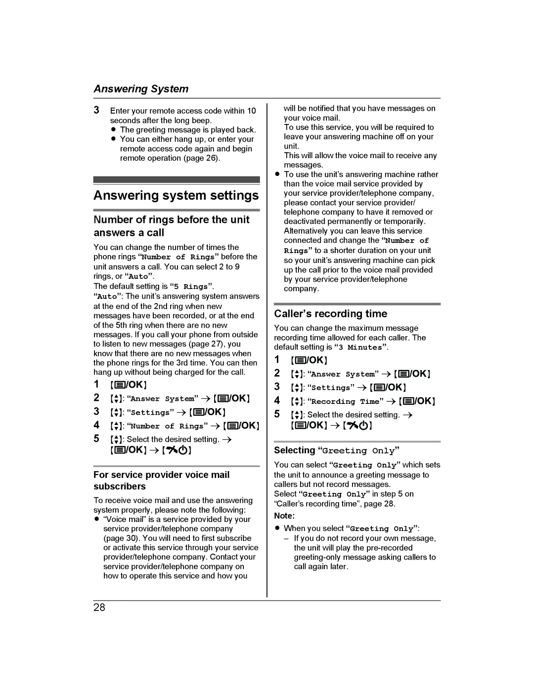 Panasonic KX-TG722AL Answering system settings, Number of rings before the unit answers a call, Caller’s recording time 