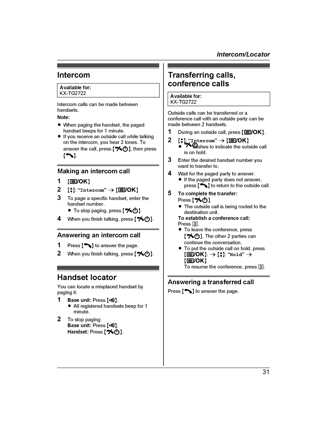 Panasonic KX-TG2721AL, KX-TG722AL operating instructions Intercom, Handset locator, Transferring calls, conference calls 