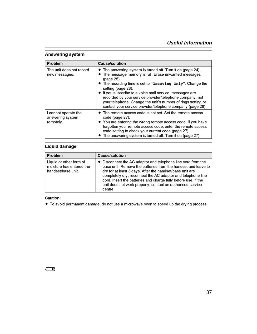 Panasonic KX-TG2721AL, KX-TG722AL operating instructions Answering system, Liquid damage 