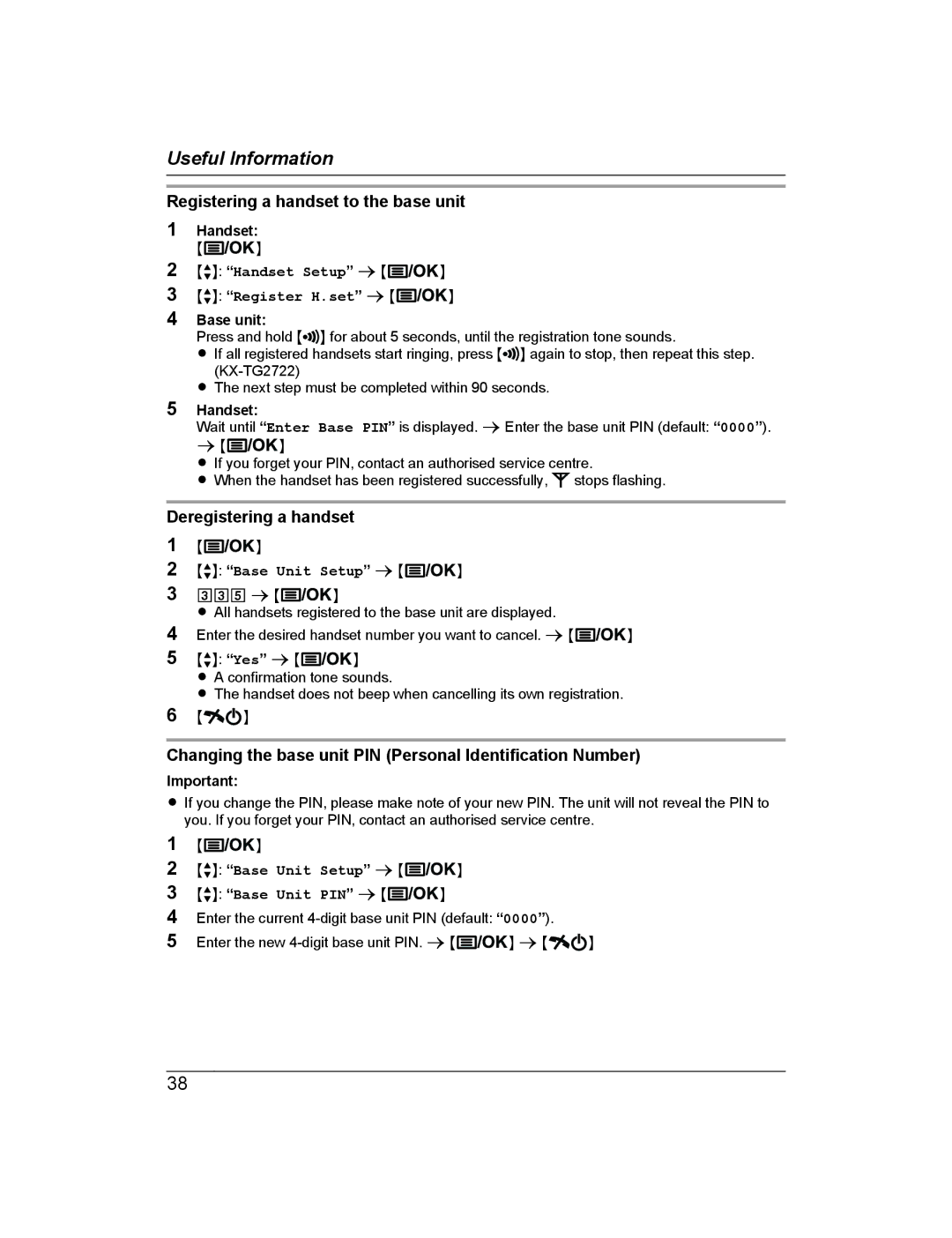 Panasonic KX-TG722AL, KX-TG2721AL operating instructions Registering a handset to the base unit, Deregistering a handset 