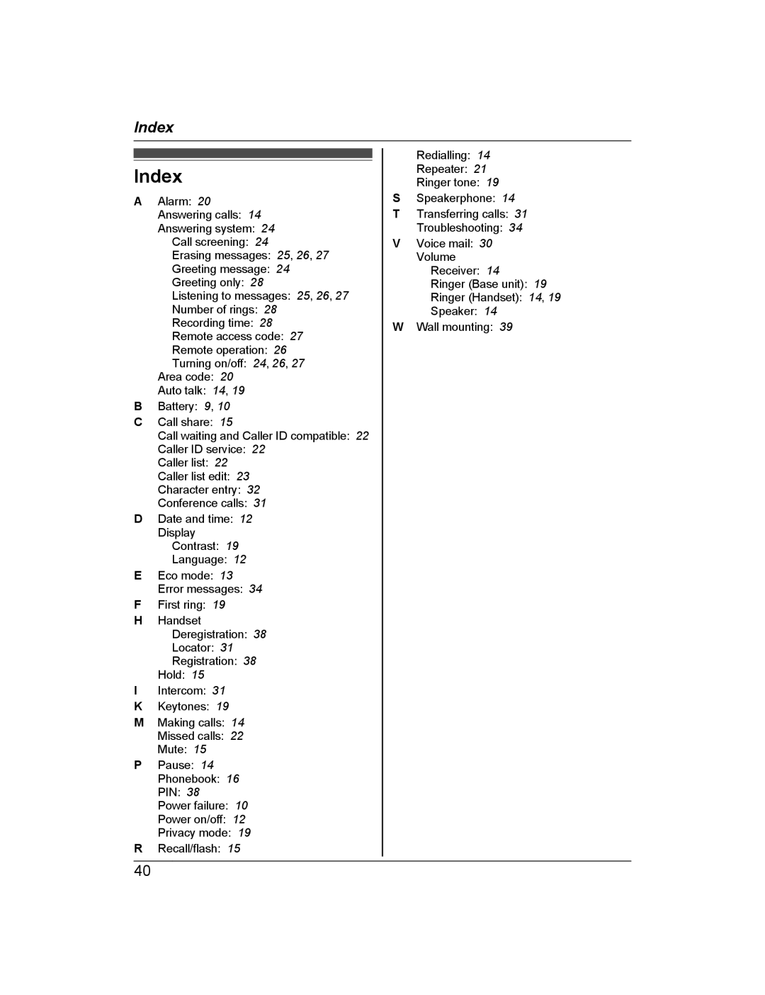 Panasonic KX-TG722AL, KX-TG2721AL operating instructions Index 